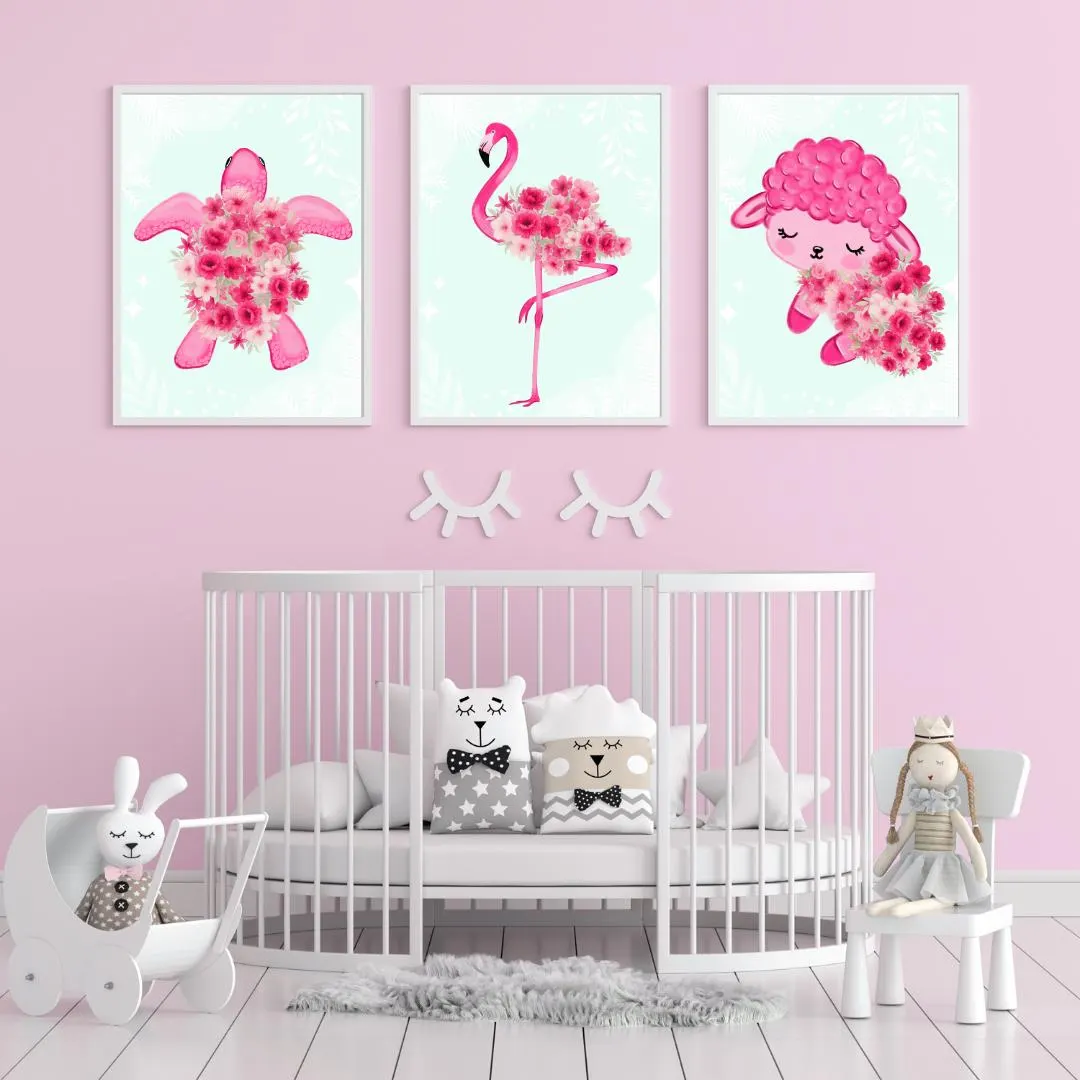 Floral Animal Nursery Prints, Flamingo, Lamb, Turtle (Digital Download) - image 2