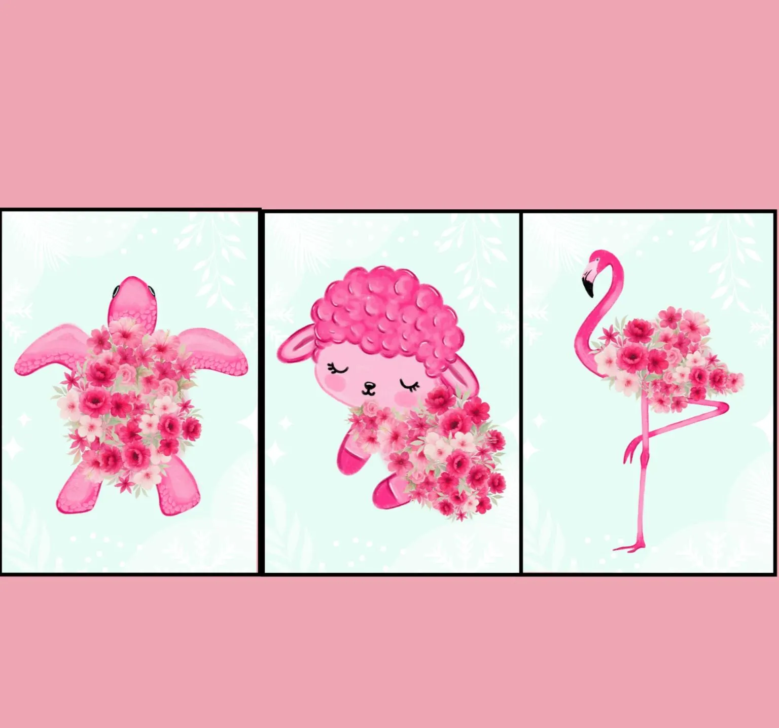Floral Animal Nursery Prints, Flamingo, Lamb, Turtle (Digital Download)