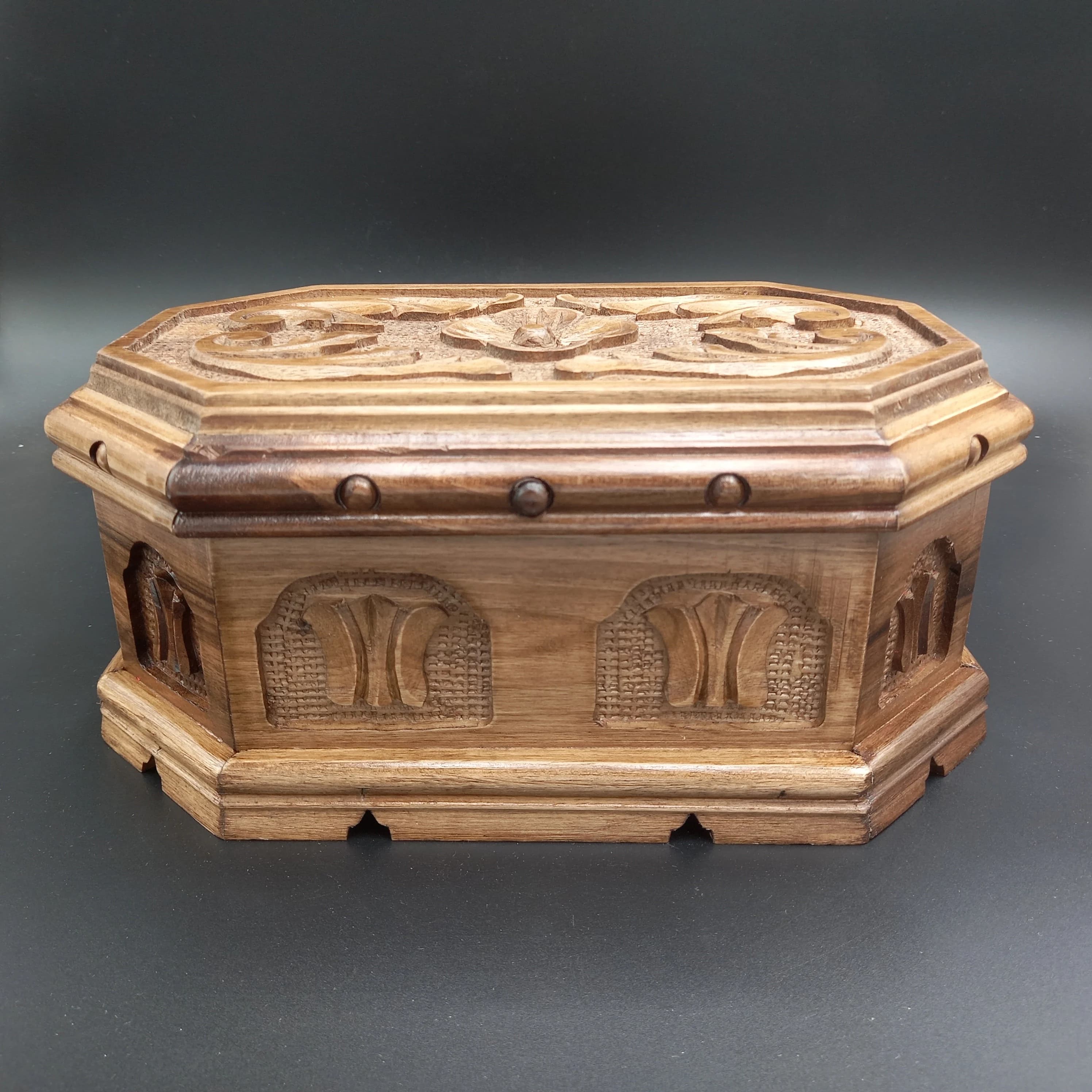 Handcarved Walnut Octagonal Puzzle Box: Red Velvet Jewelry Box - image 3