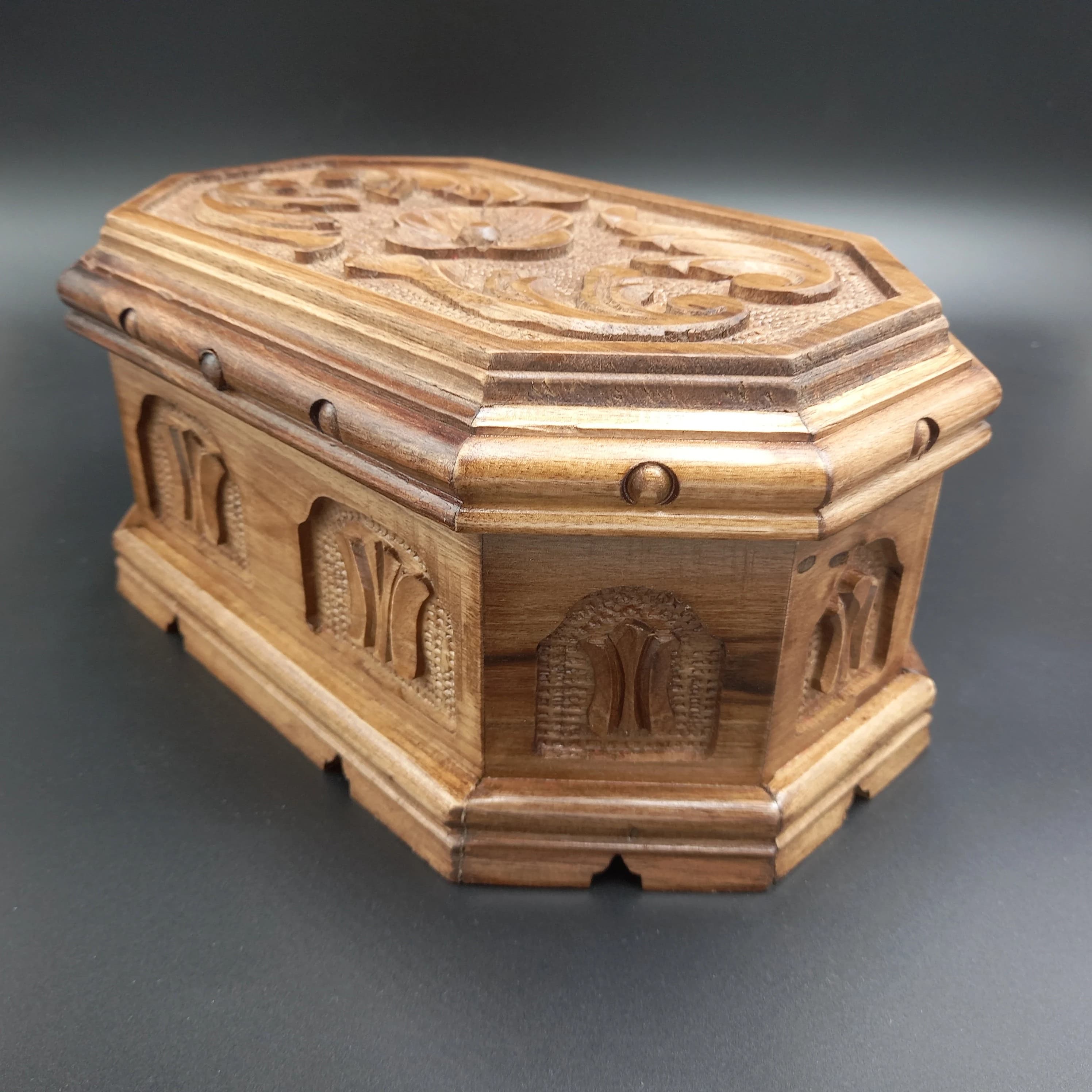 Handcarved Walnut Octagonal Puzzle Box: Red Velvet Jewelry Box - image 5
