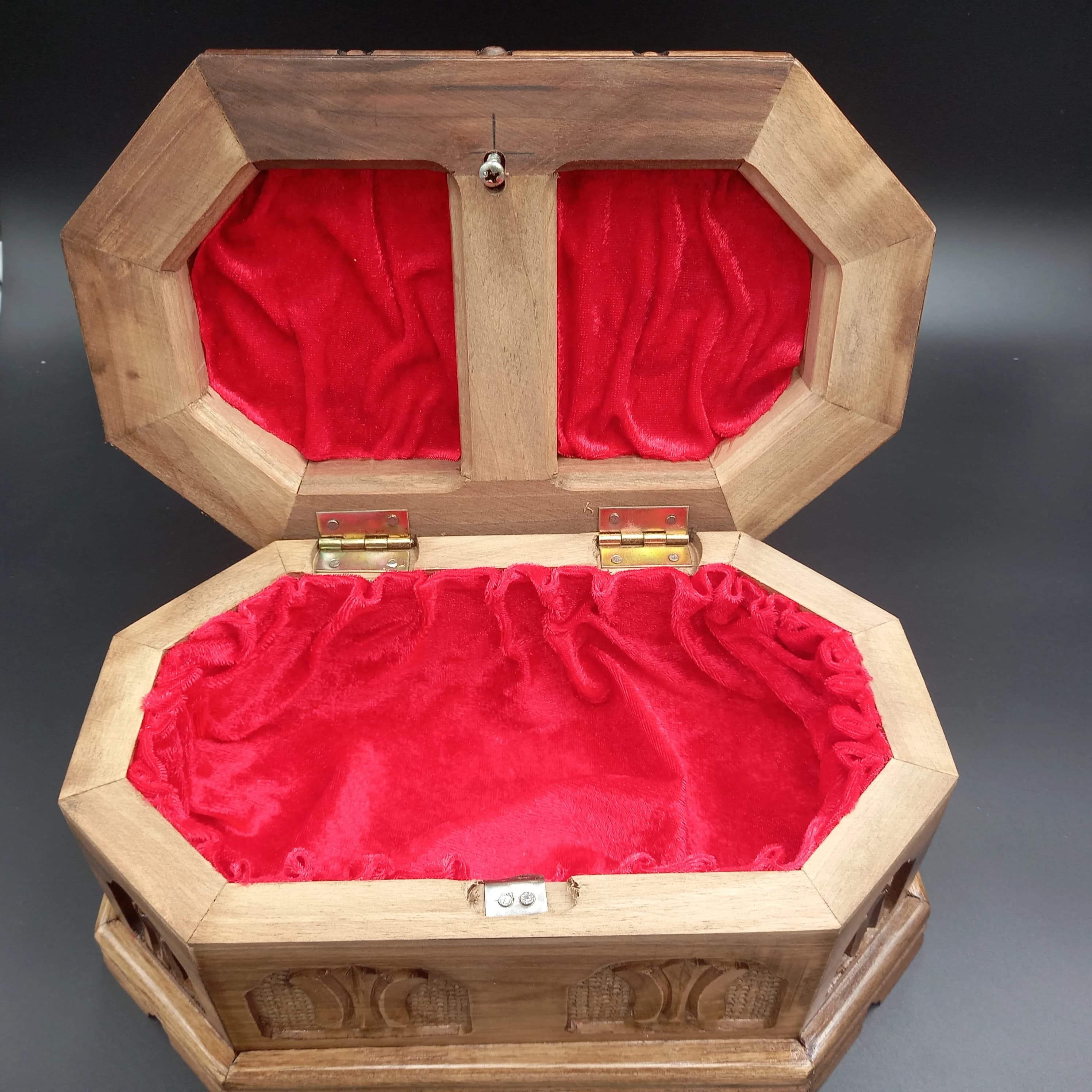 Handcarved Walnut Octagonal Puzzle Box: Red Velvet Jewelry Box - image 4