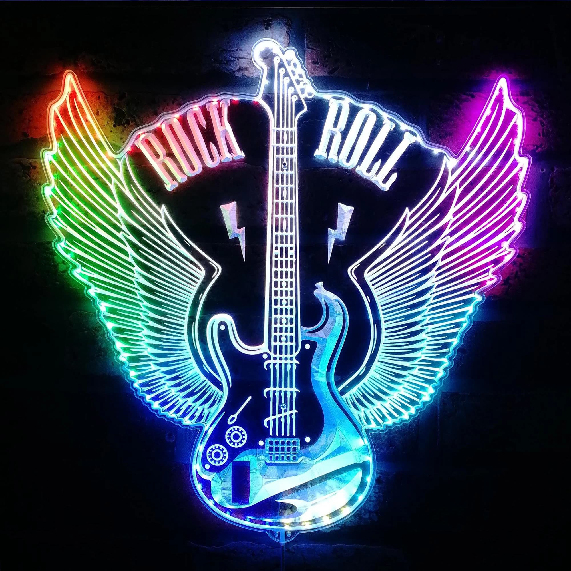 Guitar Angel Wings Rock n Roll Music RGB Dynamic Glam LED Sign - Cut-to-Edge Shape - Smart 3D Wall Decoration - Multicolor st06-fnd-i0026-c