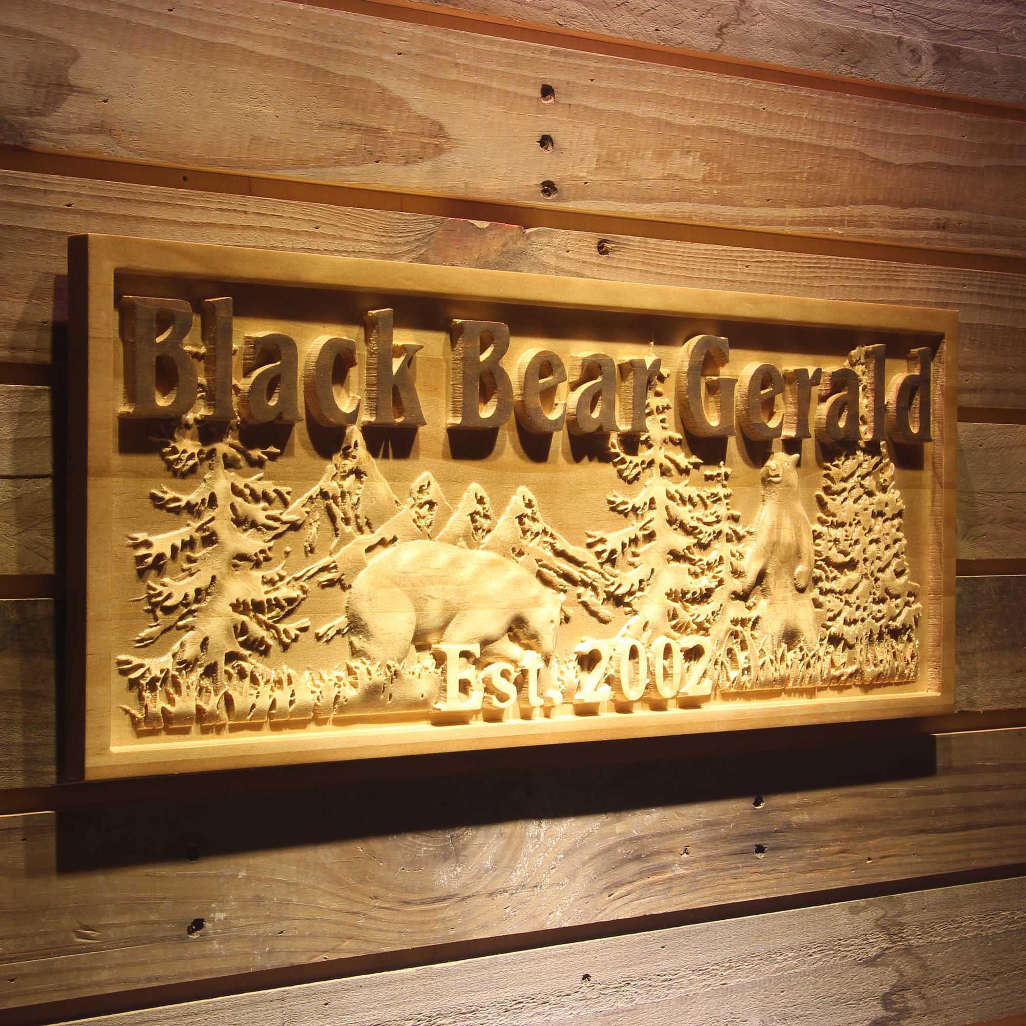 wpa0497 Name Personalized Black Bear Gerald Cabin Hideaway Forest Hunting Wood Engraved Wooden Sign