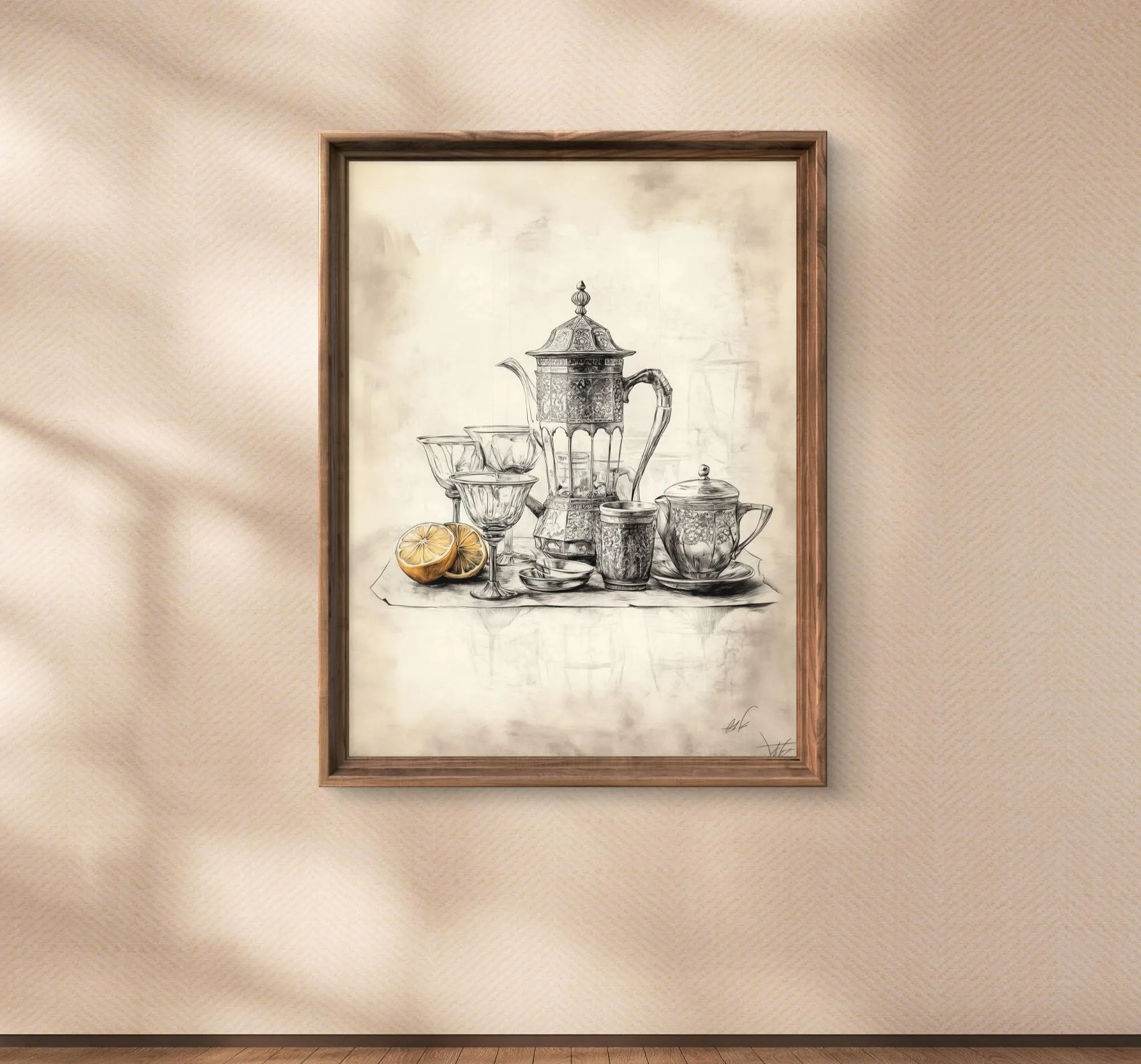 Vintage Style Arabic Tea Set Wall Art | Oriental Coffee Pot & Glasses Drawing | Middle Eastern Kitchen Decor | Antique Tea Time Illustration