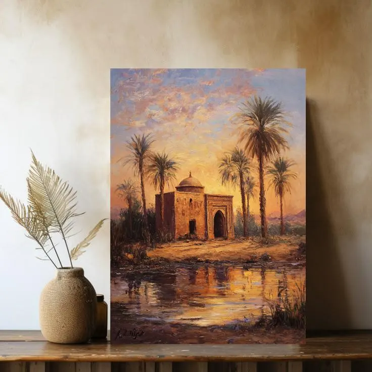 Sunset Arabian Oasis Mosque Painting, Islamic Wall Art, Oriental Landscape, Desert Sunset Art, Digital Oil Painting, Mosque by the River