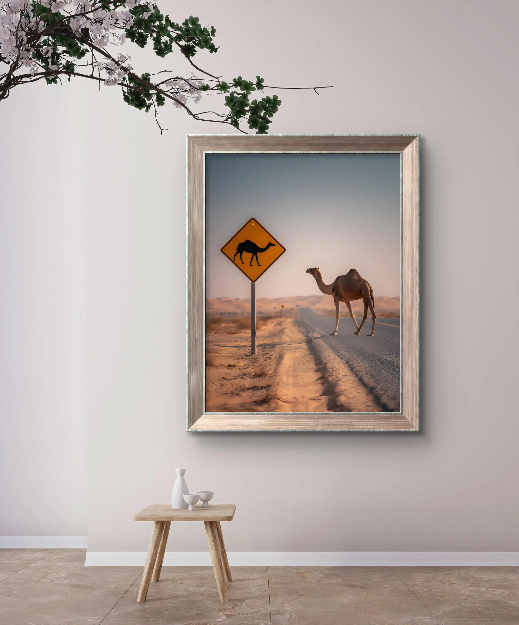 Vintage UAE Camel Crossing Real Moment Wall Art Print | Desert Highway Humor on Parchment, Instant Digital Download