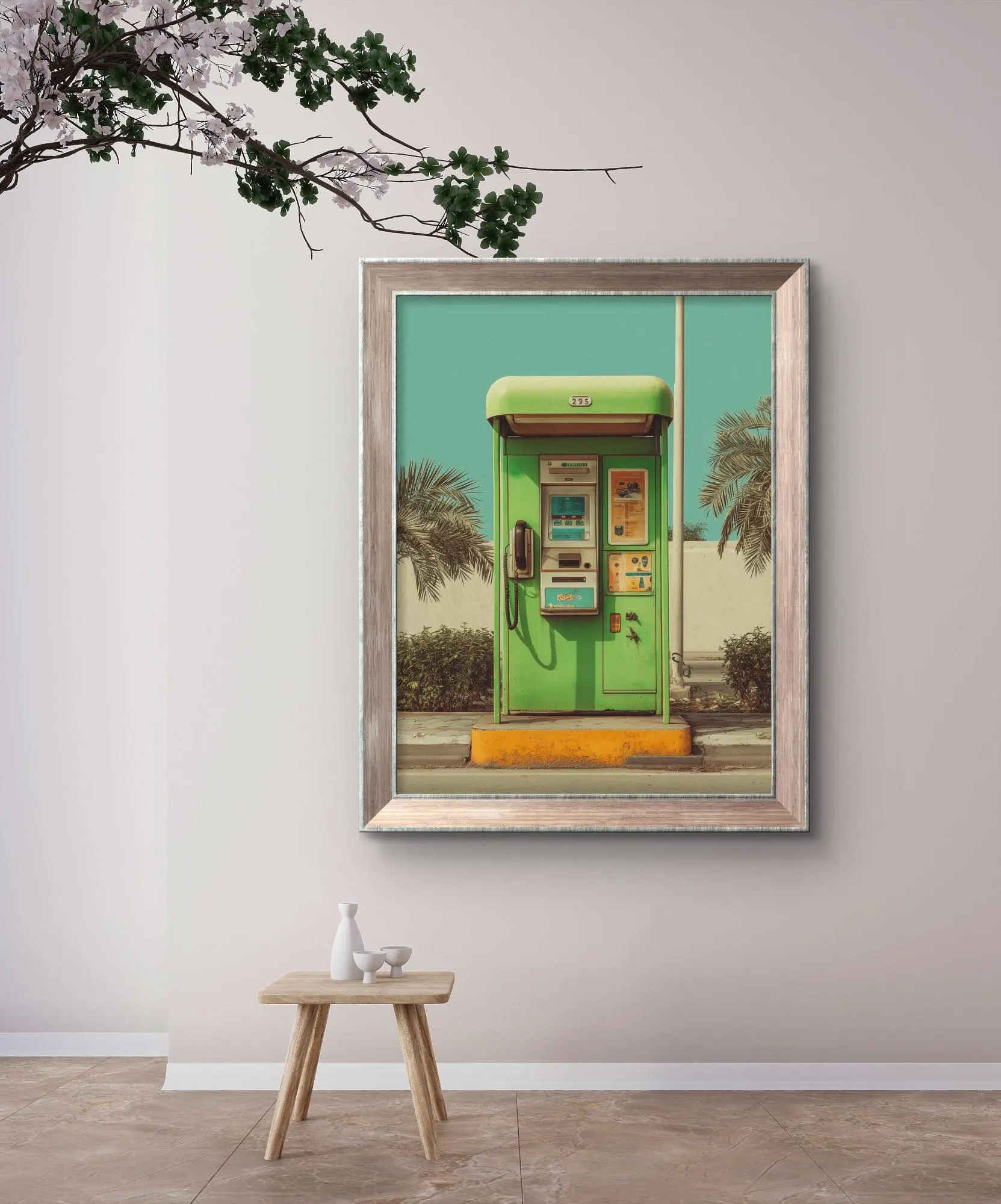 Vintage Etisalat Green Phone Booth UAE Wall Art Print | Retro 90s Dubai Street Icon on Parchment, Instant Digital Download