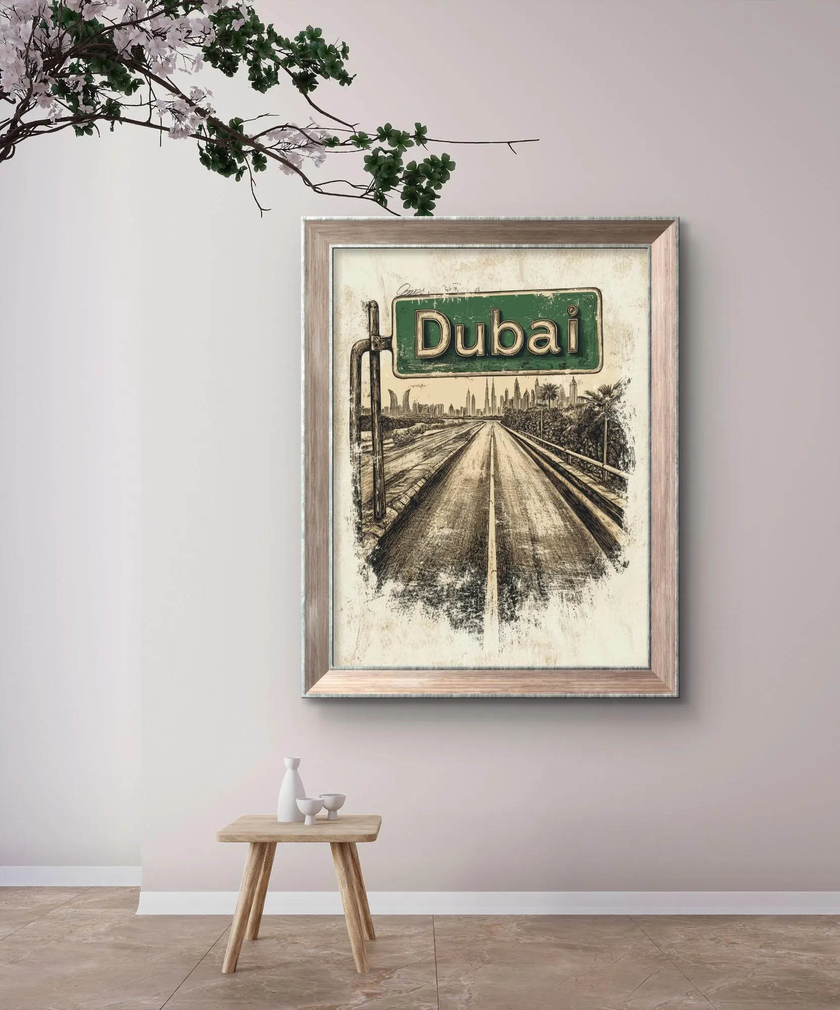 Vintage Dubai Highway Sign Wall Art Print | Retro UAE Skyline Ink Sketch on Parchment, Instant Digital Download, National Day