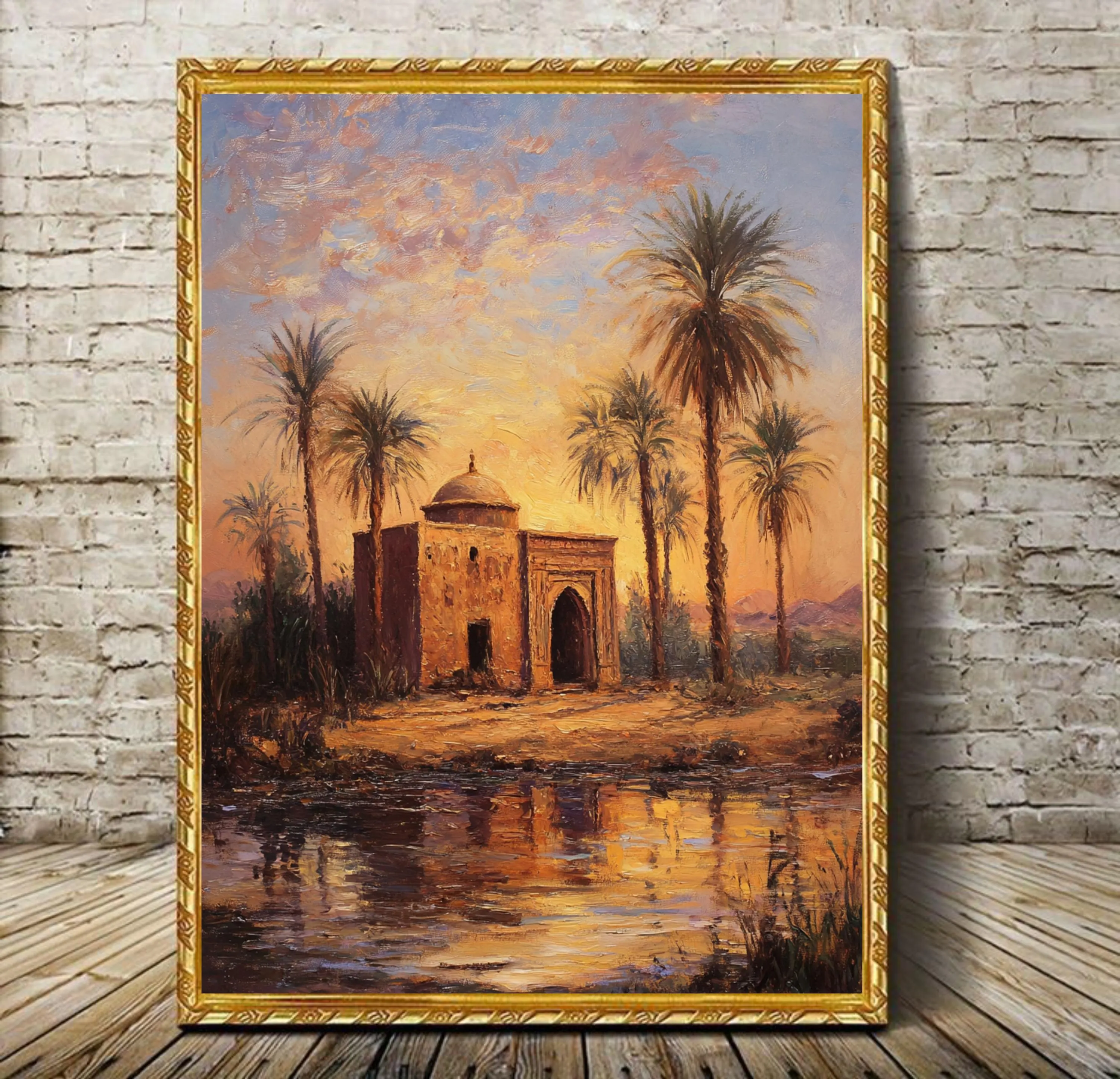 Islamic Wall Art: Sunset Oasis Mosque Painting (Digital Download)