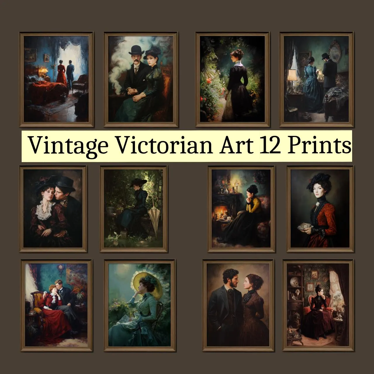 Set of 12 Vintage Victorian Romance Oil Painting Prints | Elegant Couples & Sophisticated Lady Portraits on Parchment, Digital Download