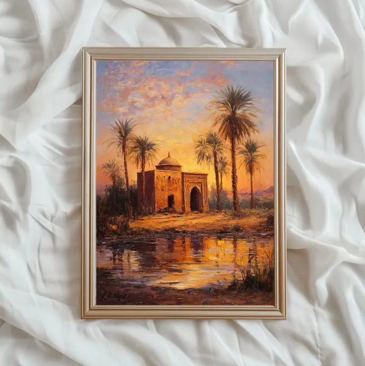 Sunset Arabian Oasis Mosque Painting, Islamic Wall Art, Oriental Landscape, Desert Sunset Art, Digital Oil Painting, Mosque by the River