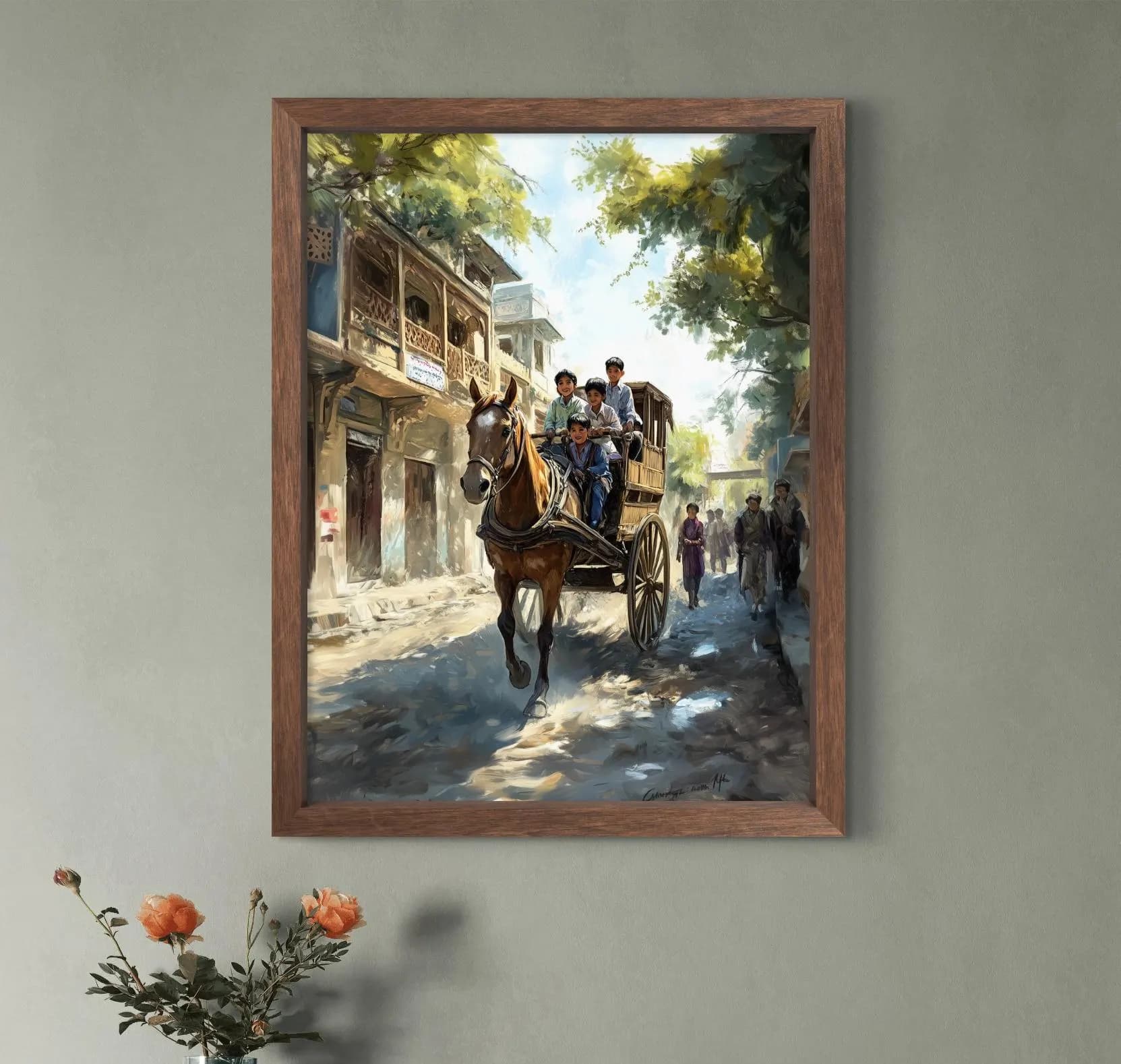 Vintage Horse Cart Ride Old Pakistan Street Wall Art Print | Joyful Children Tangah Scene on Parchment, Instant Digital Download