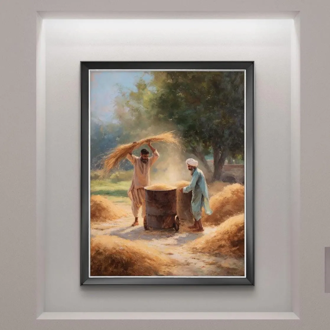 Punjabi Farmers Rice Harvest: Vintage Style Rural Painting (Digital Download