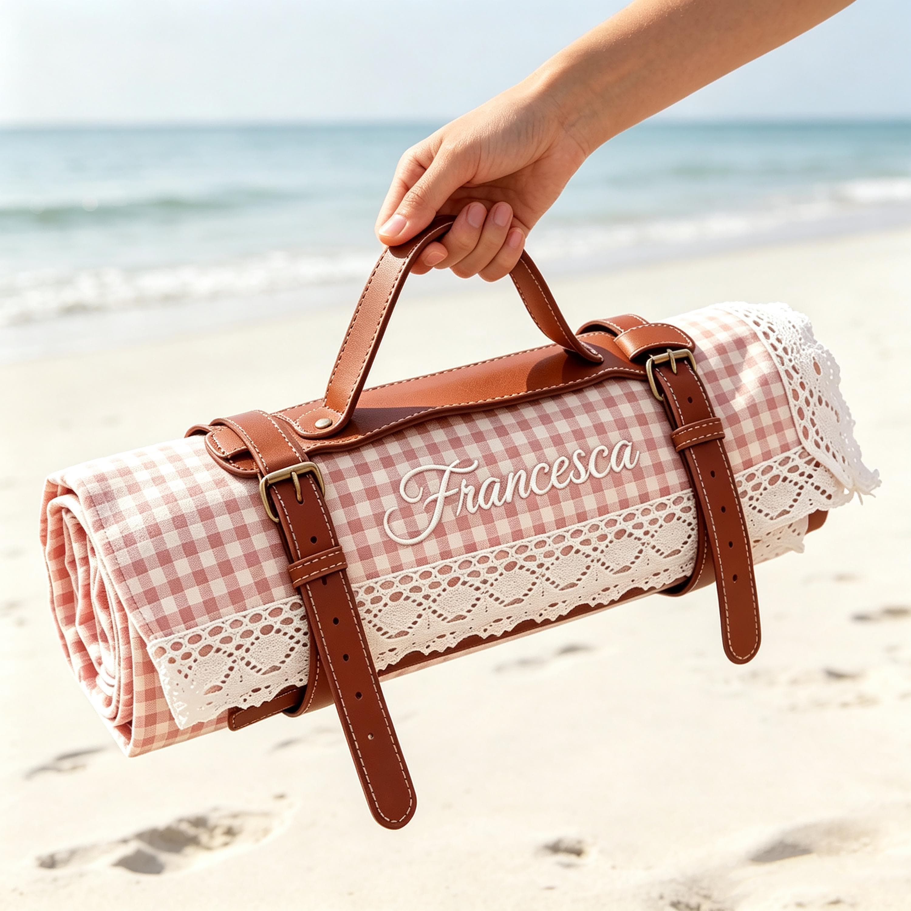 Personalized Lace Picnic Blanket with Leather Strap Custom Embroidered Monogram Gingham Picnic Mat Bridal Shower Gift LXY1607 - image 4