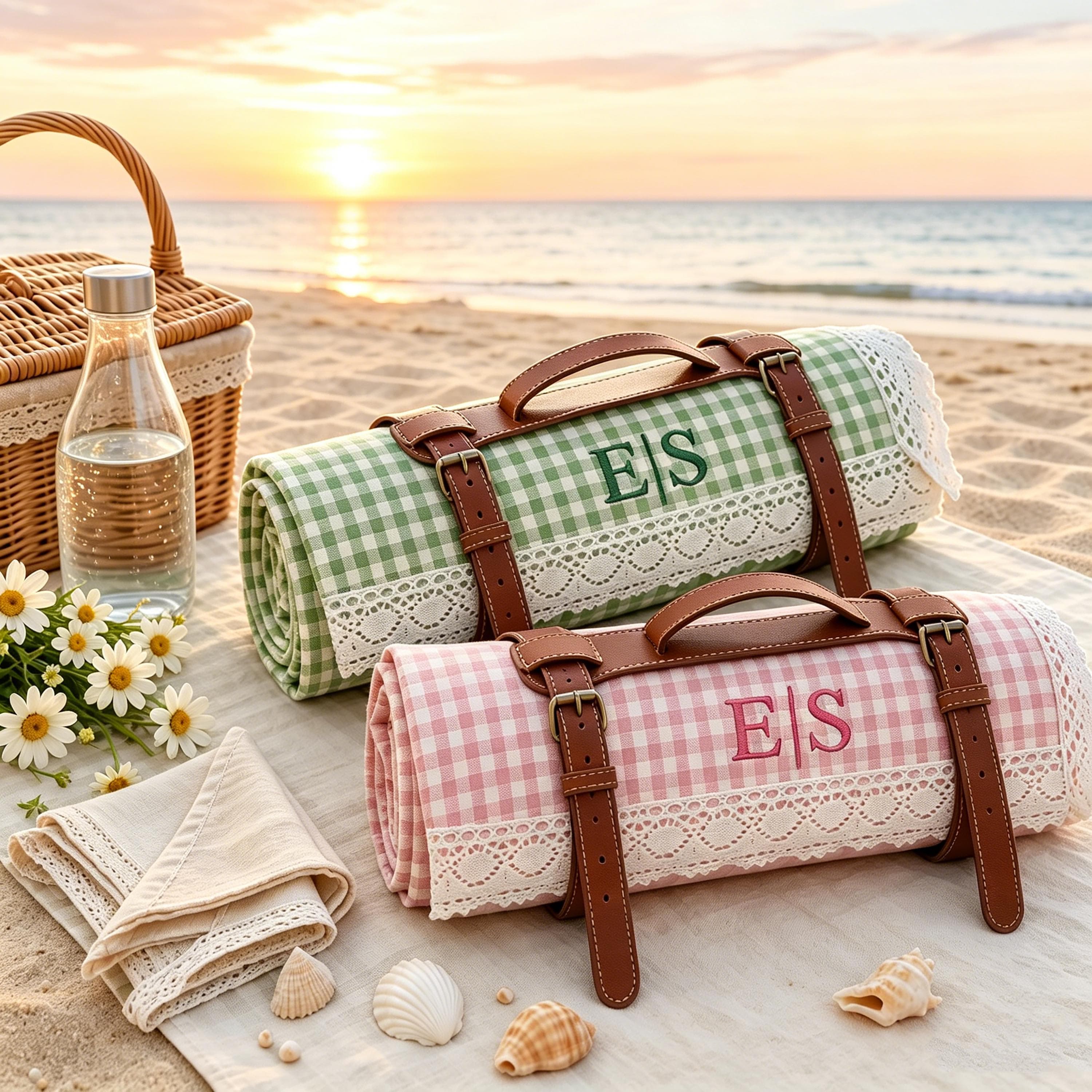 Personalized Lace Picnic Blanket with Leather Strap Custom Embroidered Monogram Gingham Picnic Mat Bridal Shower Gift LXY1607 - image 5