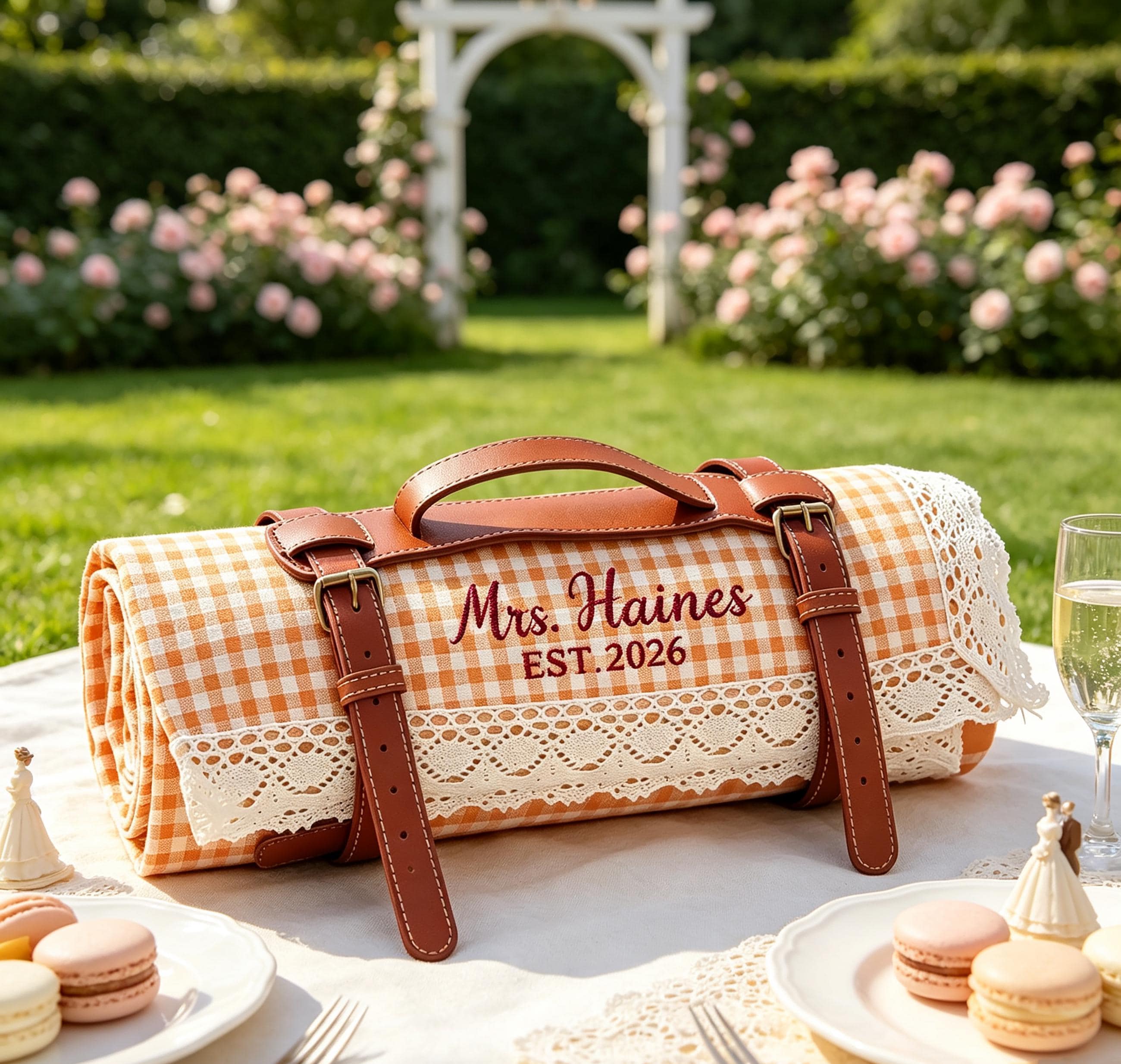 Personalized Lace Picnic Blanket with Leather Strap Custom Embroidered Monogram Gingham Picnic Mat Bridal Shower Gift LXY1607 - image 3