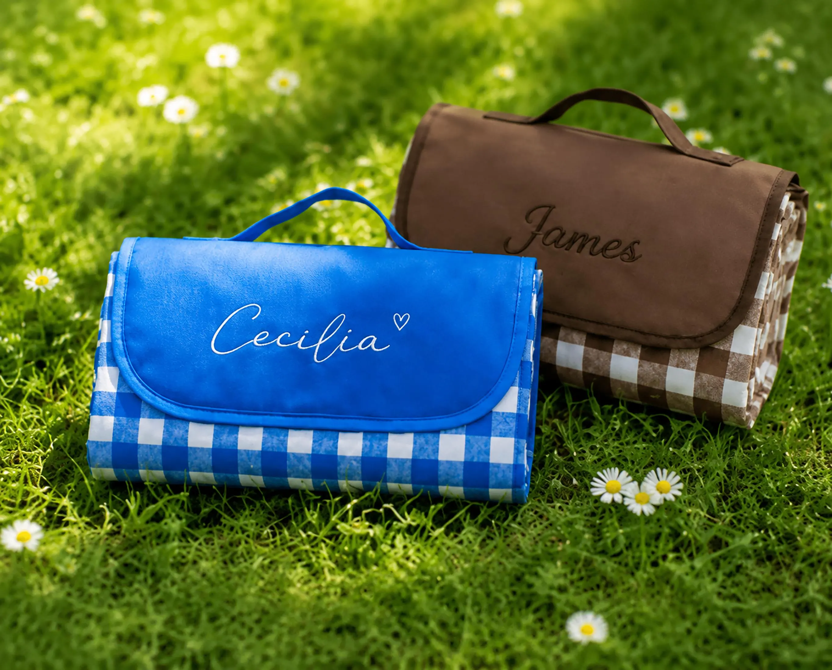 Custom Embroidered Gingham Picnic Blanket, Waterproof Outdoor Beach Mat LXY 2606