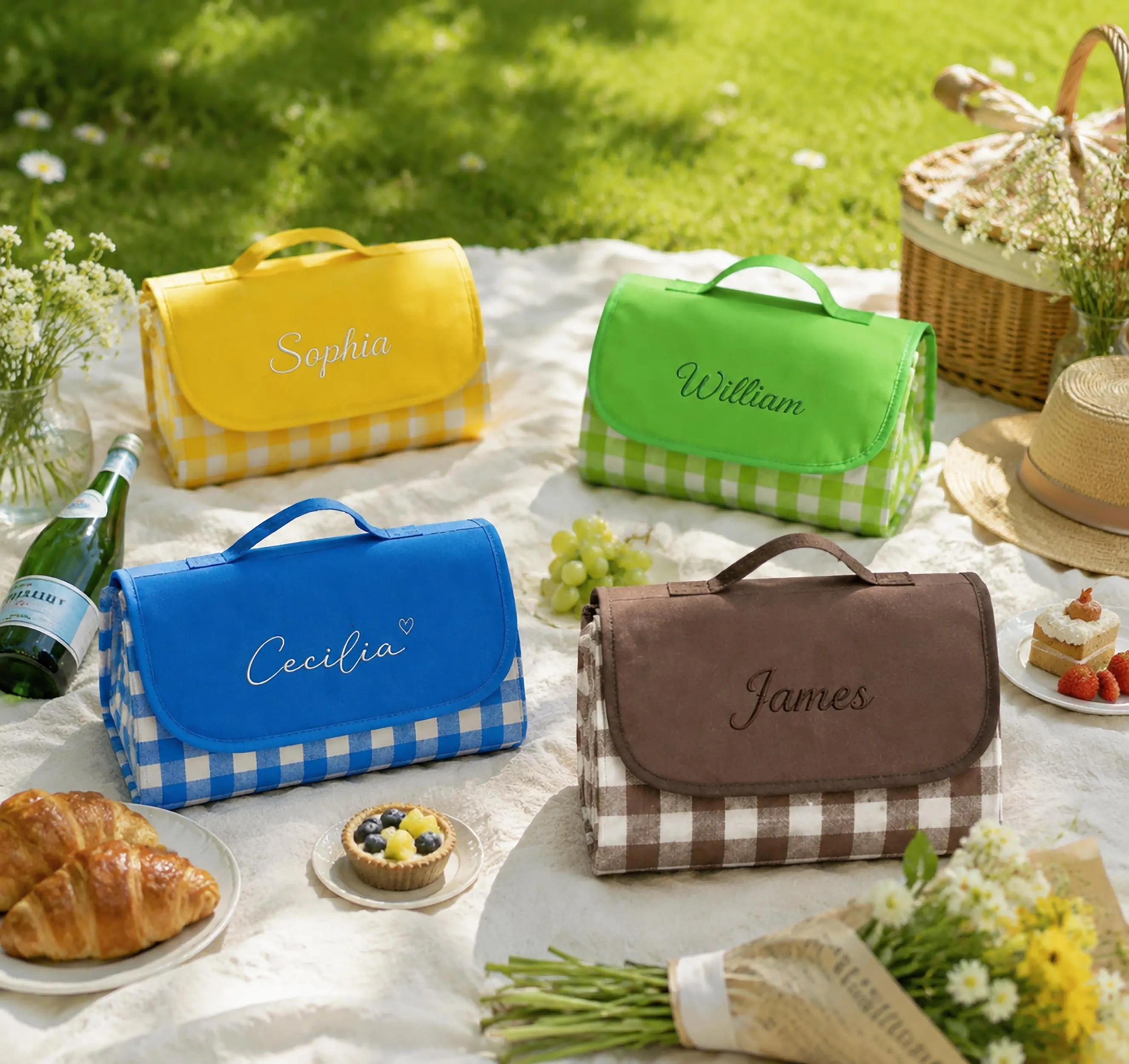 Custom Embroidered Gingham Picnic Blanket, Waterproof Outdoor Beach Mat LXY 2606 - image 4
