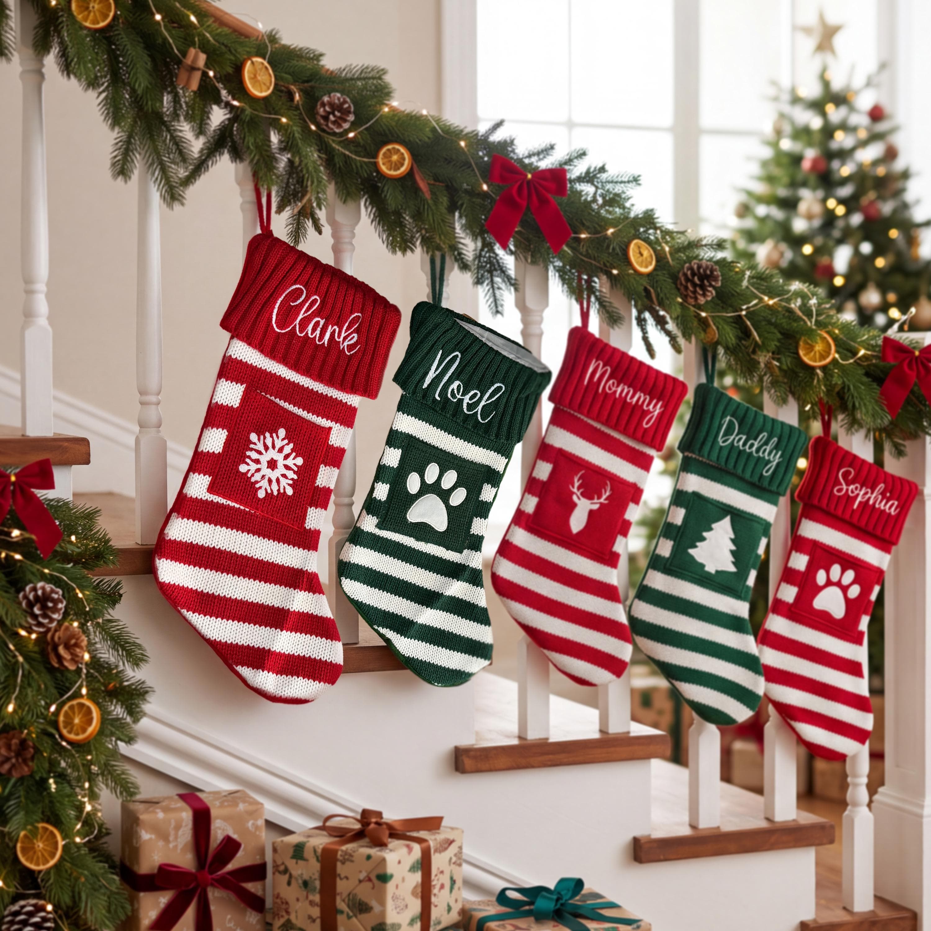Striped Knit Christmas Stockings, Christmas Stockings, Custom Embroidered Names, Holiday Decorations, Christmas Gifts SSS10