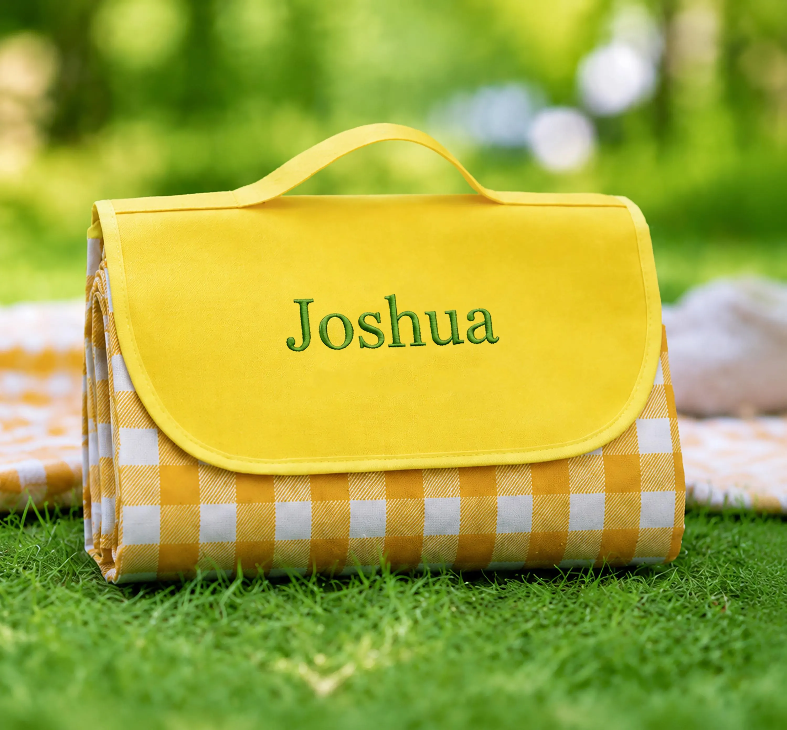 Custom Embroidered Gingham Picnic Blanket, Waterproof Outdoor Beach Mat LXY 2606 - image 3
