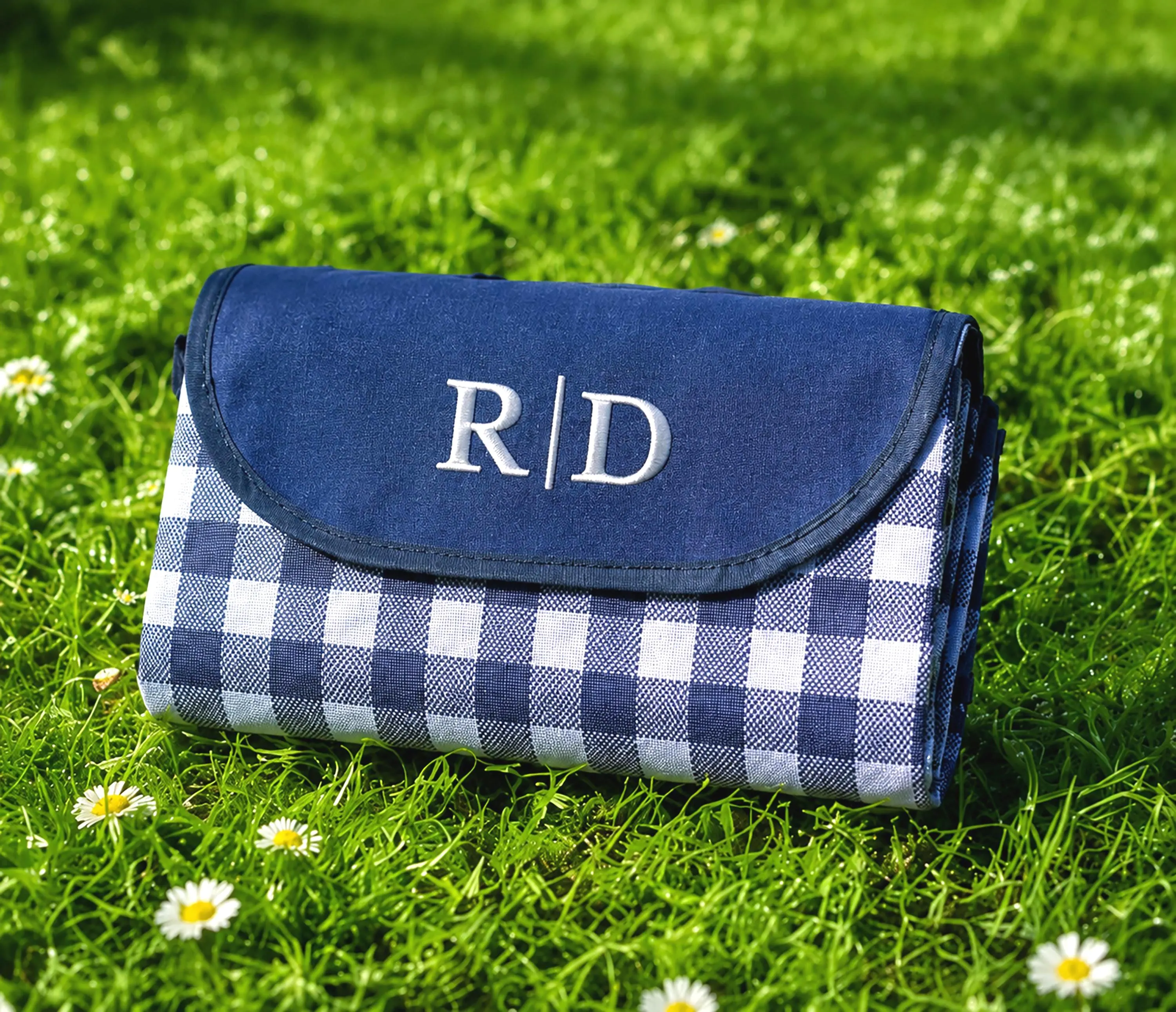 Custom Embroidered Gingham Picnic Blanket, Waterproof Outdoor Beach Mat LXY 2606 - image 2