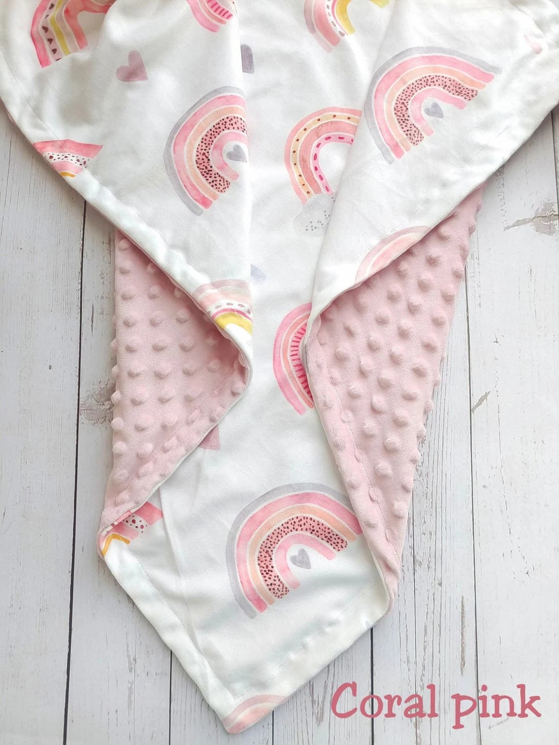 Personalized Baby Girl Blanket, Pink Rainbow Minky, Custom Monogram