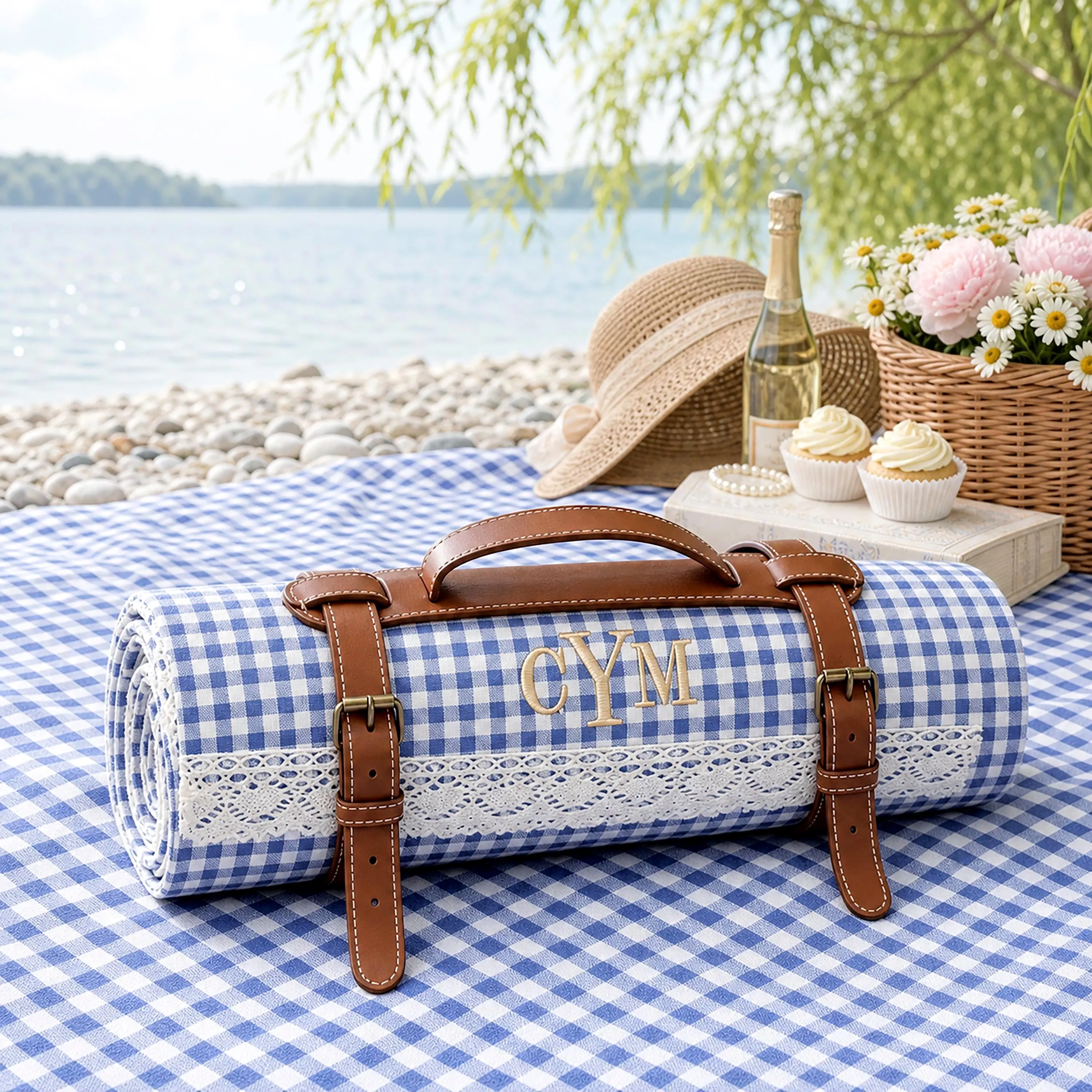 Personalized Lace Picnic Blanket with Leather Strap Custom Embroidered Monogram Gingham Picnic Mat Bridal Shower Gift LXY1607