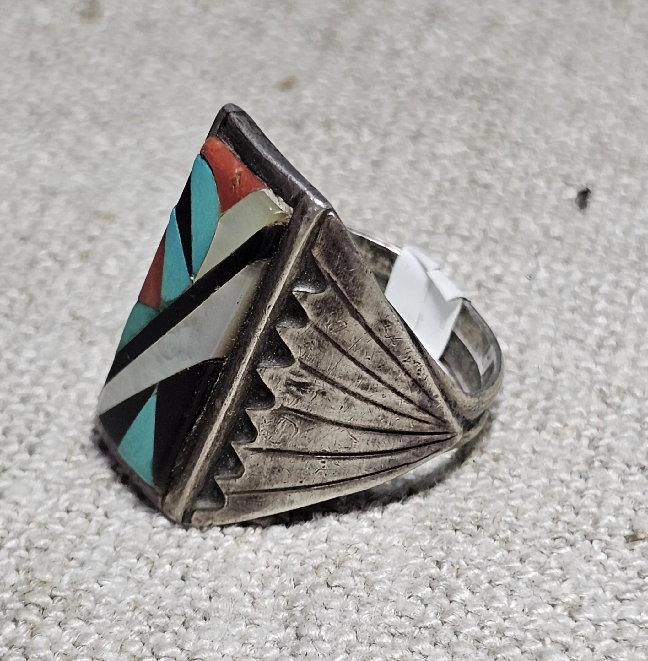 1950s Terrazas Zuni Multi Stone Inlay Sterling Silver Ring Size 11 JR 752 - image 2
