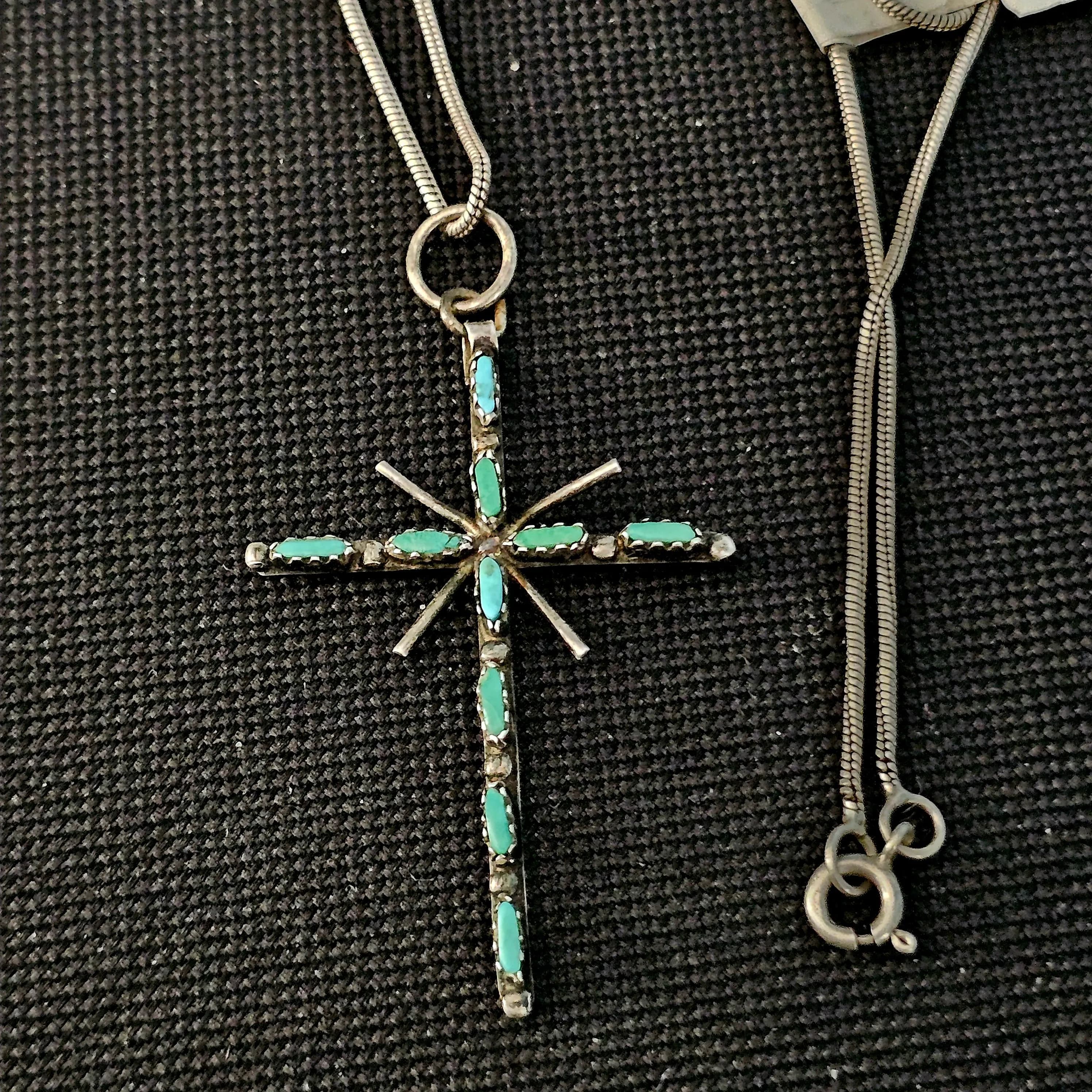 1950s Zuni Silver and Turquoise Cross on Chain JN 830 - image 2