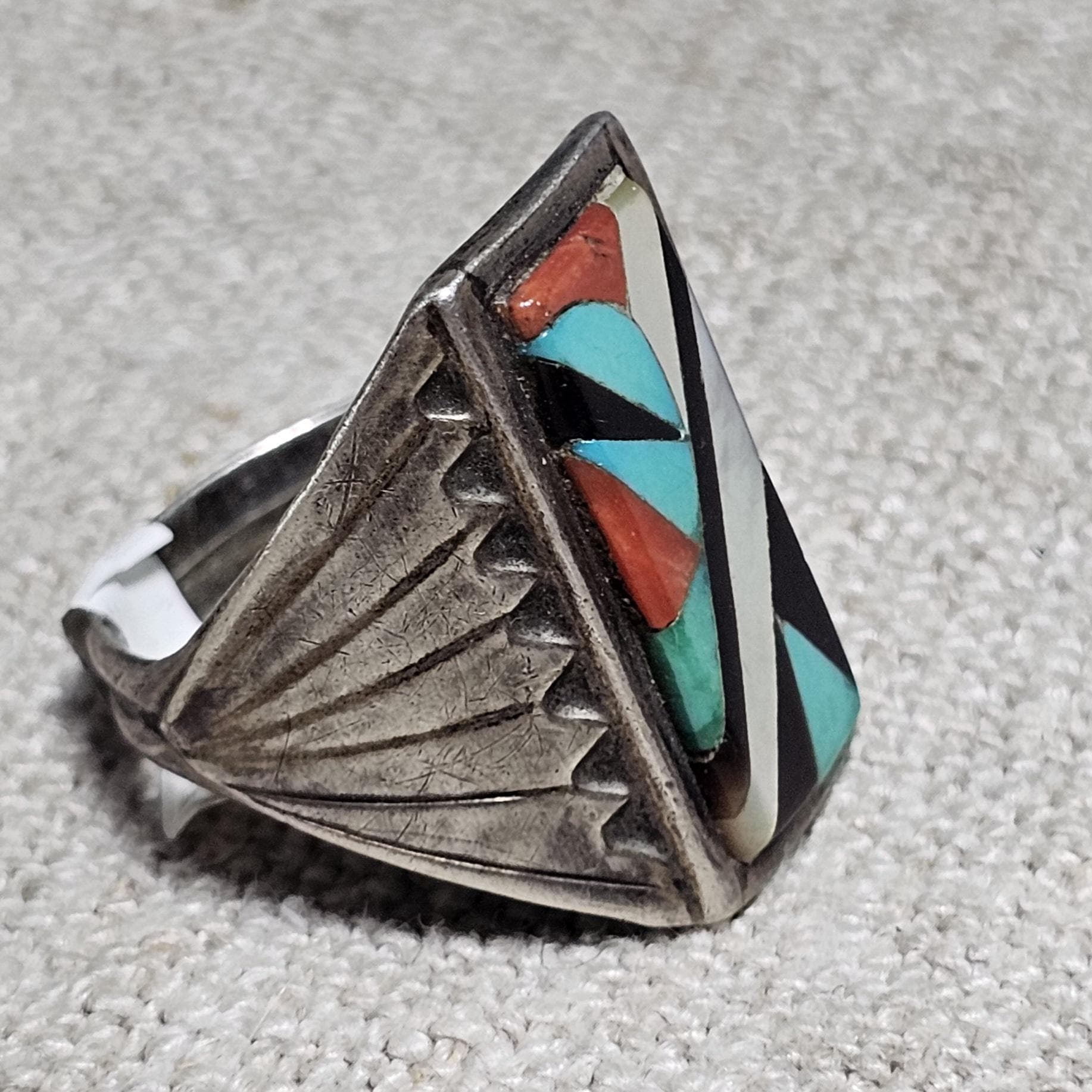 1950s Terrazas Zuni Multi Stone Inlay Sterling Silver Ring Size 11 JR 752 - image 5