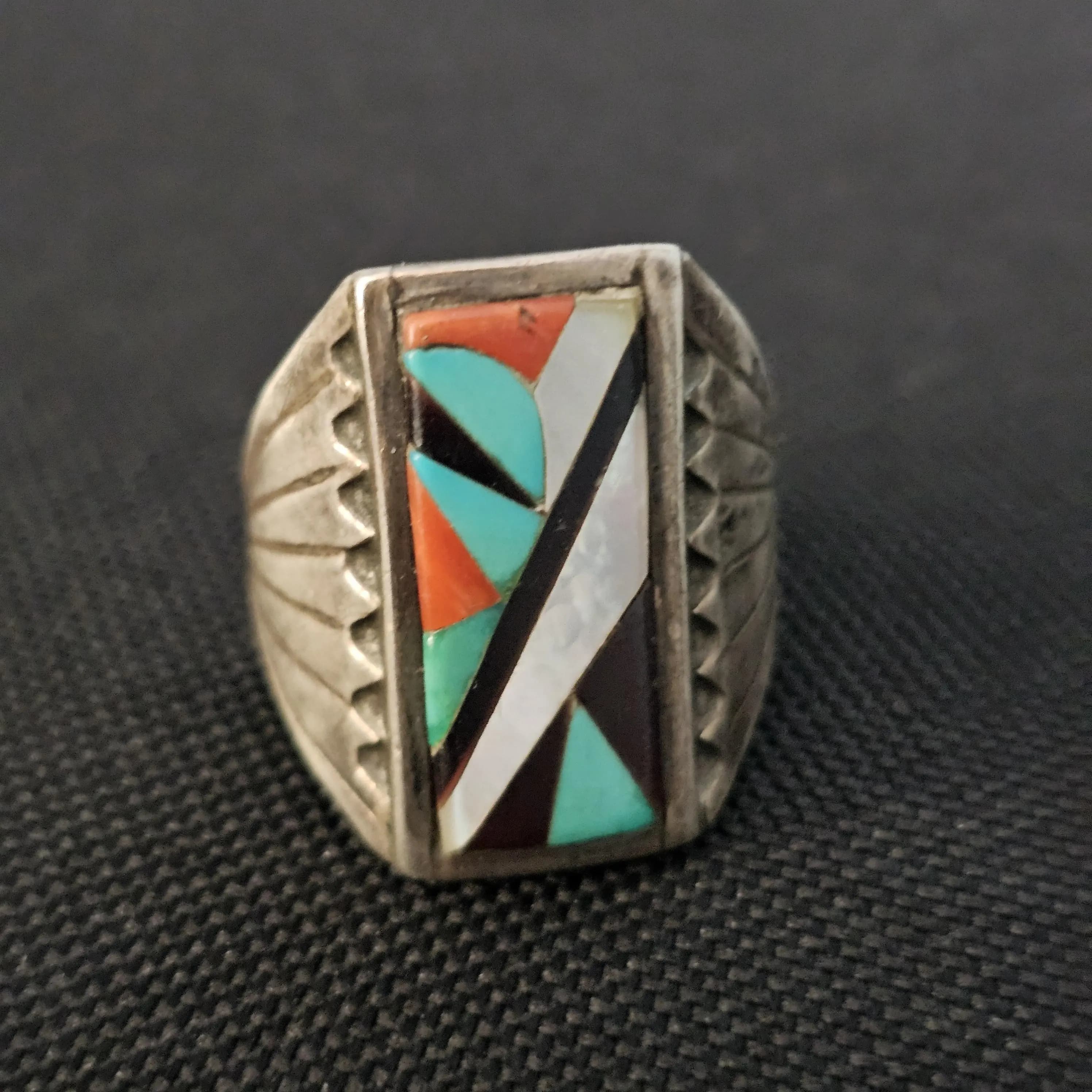 1950s Terrazas Zuni Multi Stone Inlay Sterling Silver Ring Size 11 JR 752