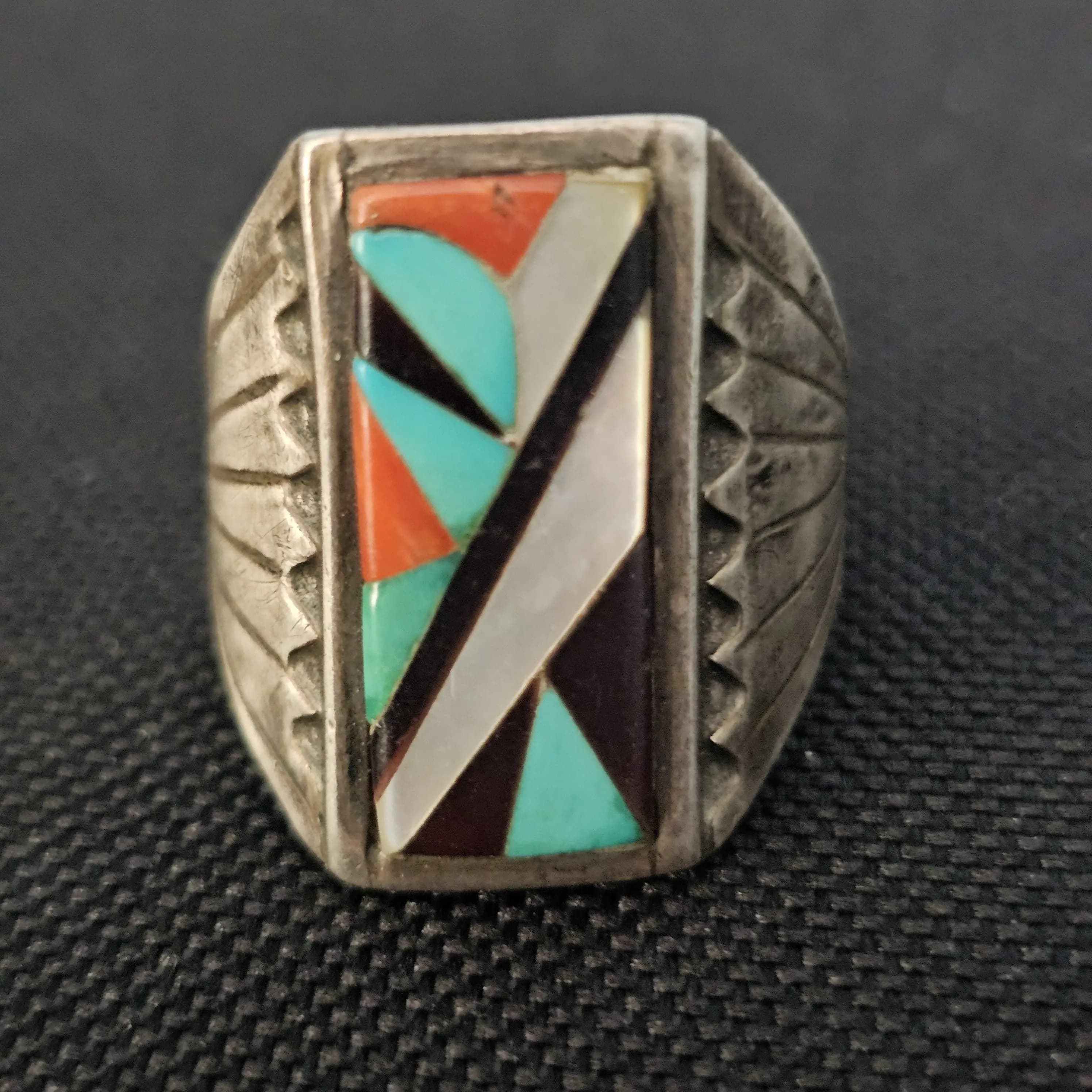 1950s Terrazas Zuni Multi Stone Inlay Sterling Silver Ring Size 11 JR 752 - image 4