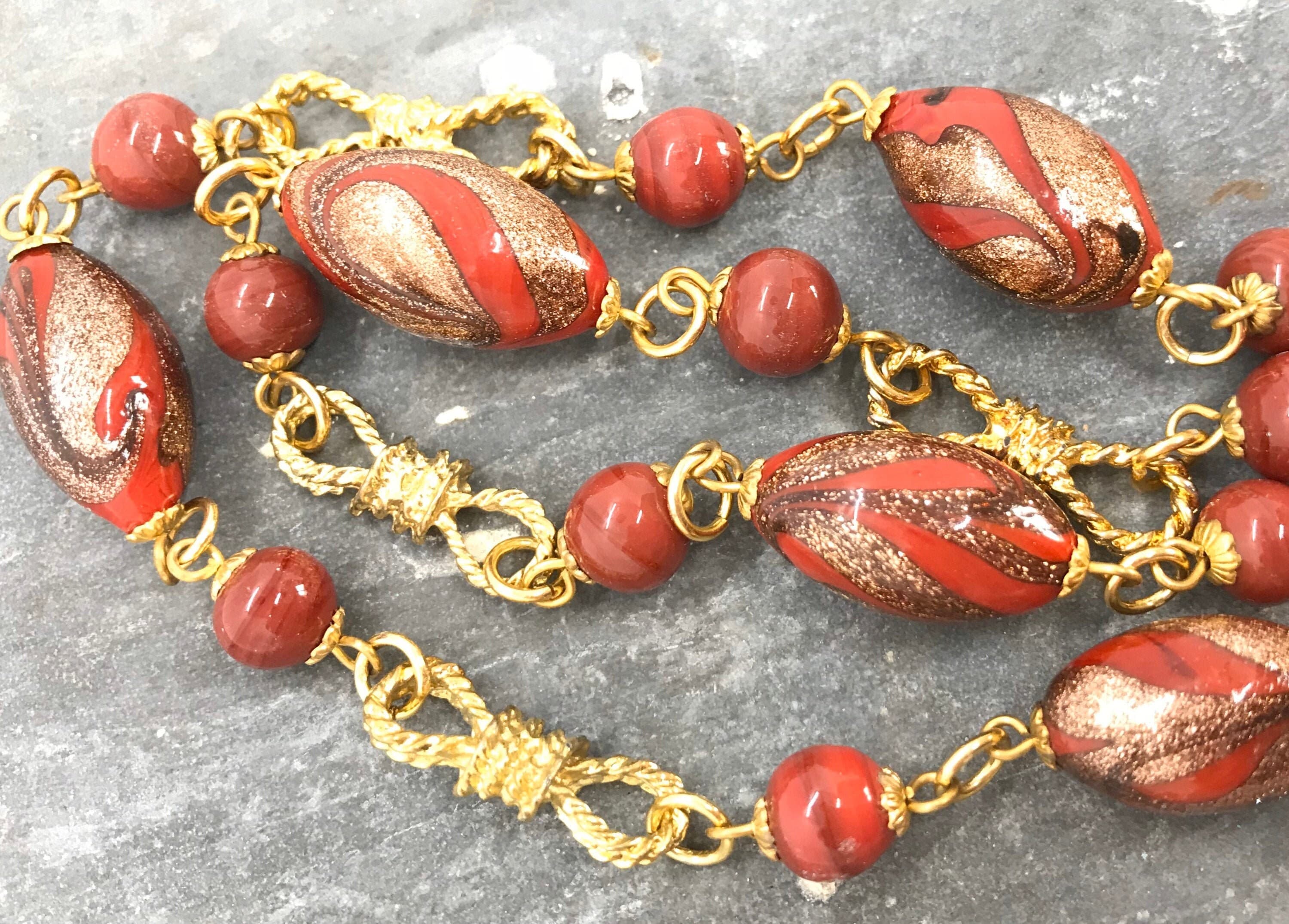 Vintage Venetian necklace, handmade beaded sautoir with Murano glass beads, authentic Murano jewelry, aventurine necklace with feather beads - image 5