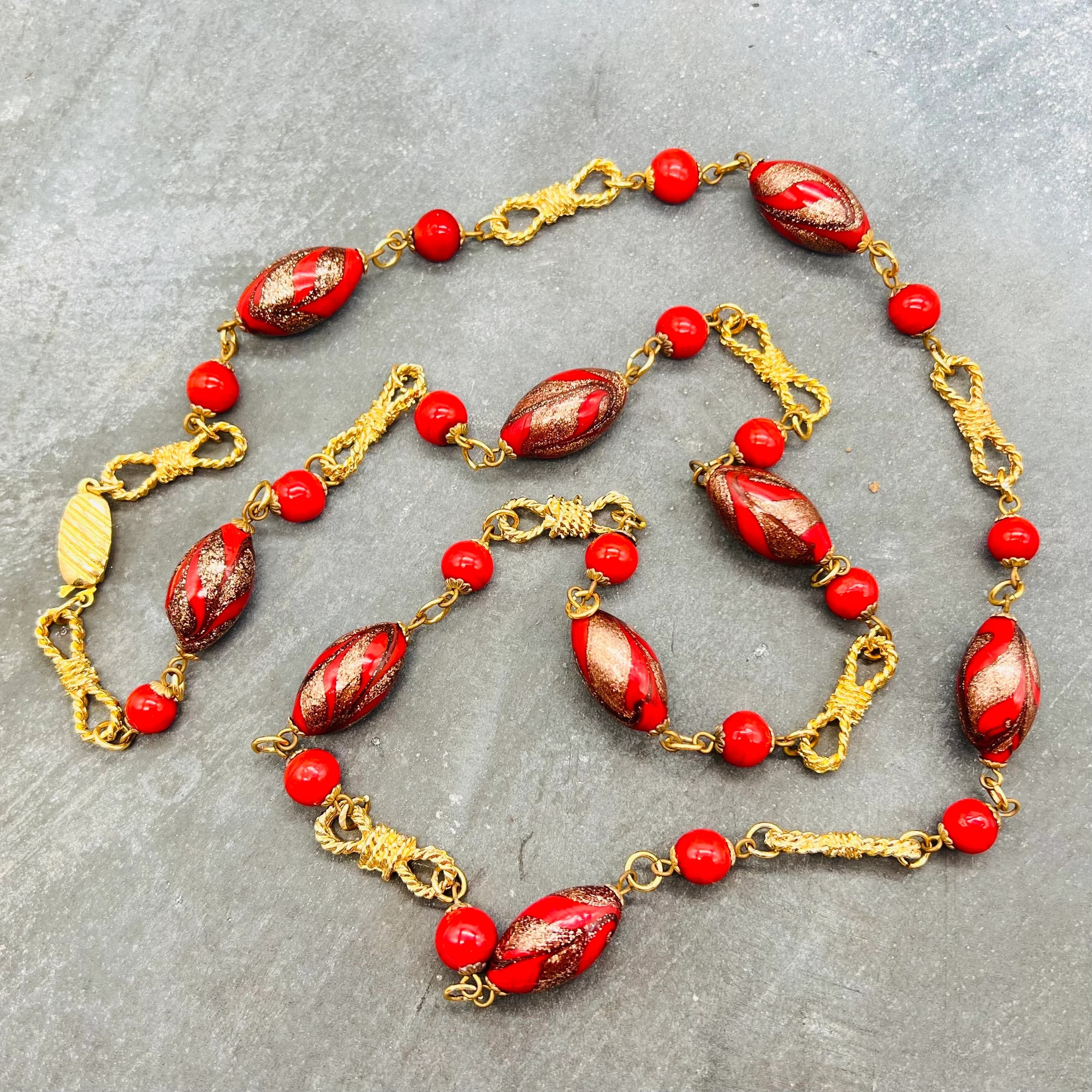 Vintage Venetian necklace, handmade beaded sautoir with Murano glass beads, authentic Murano jewelry, aventurine necklace with feather beads - image 3