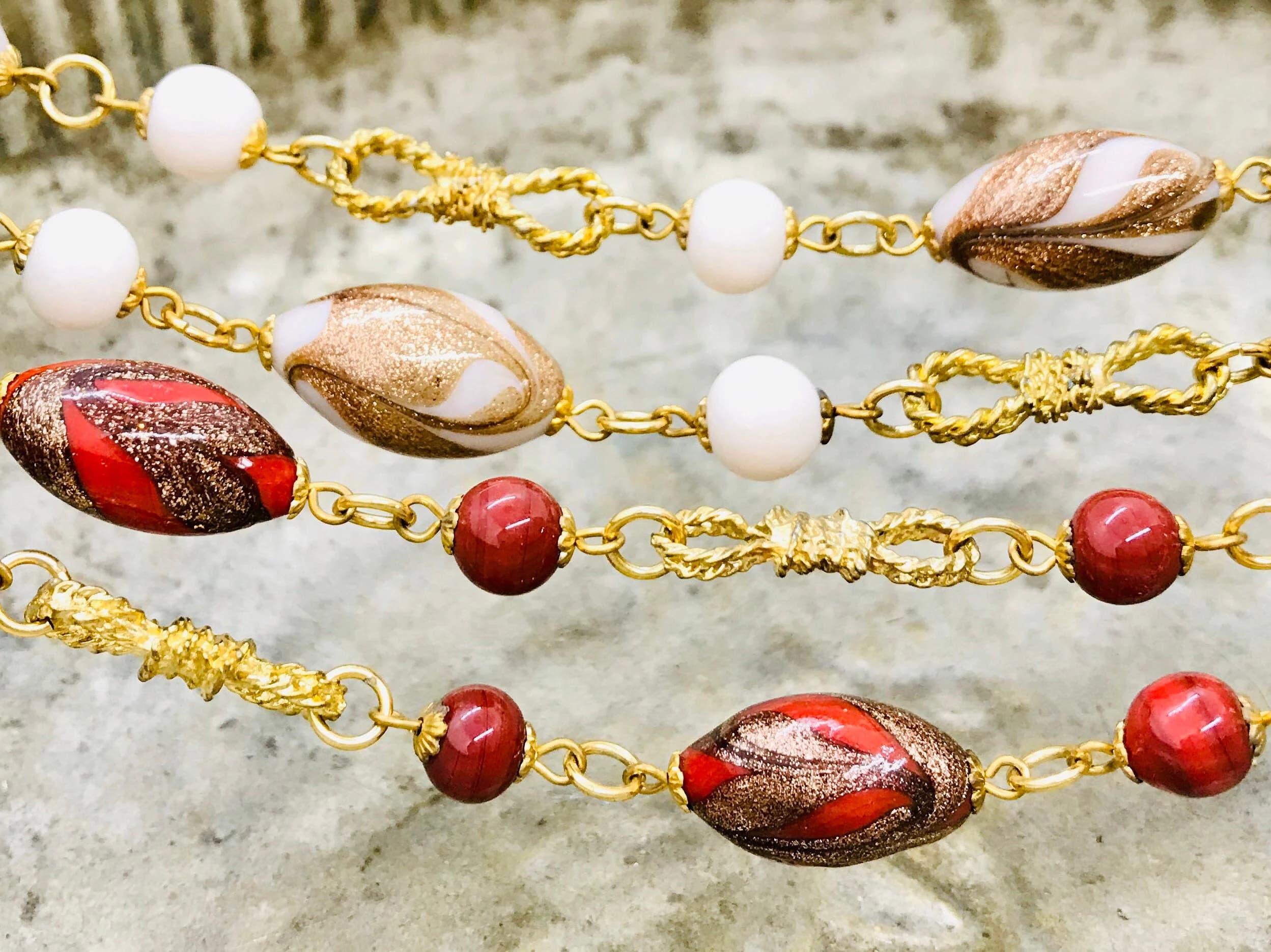 Vintage Venetian necklace, handmade beaded sautoir with Murano glass beads, authentic Murano jewelry, aventurine necklace with feather beads - image 4