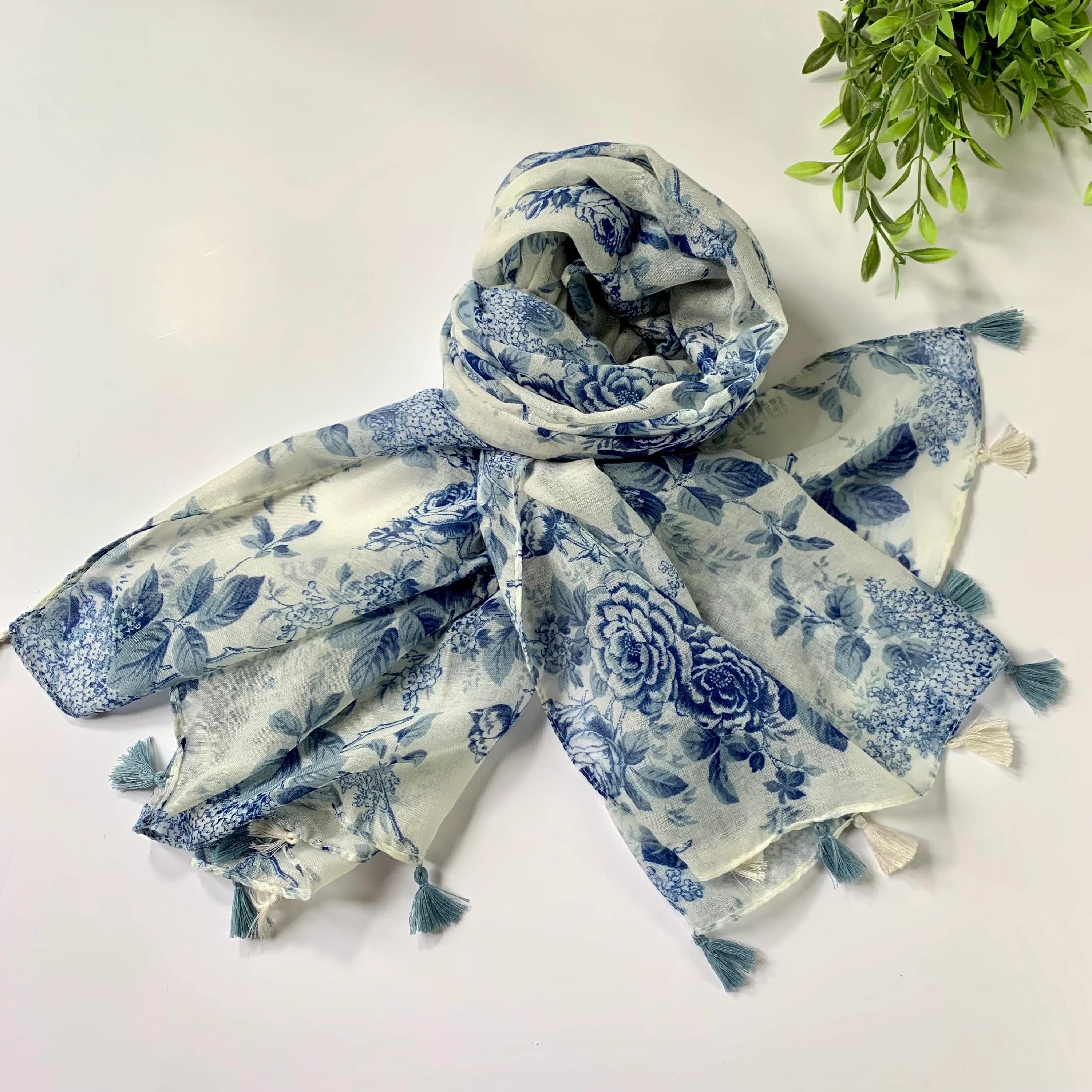 Floral Blue White Tassel Scarf Vintage Wedding Birthday Shawl Gift For Her - image 4