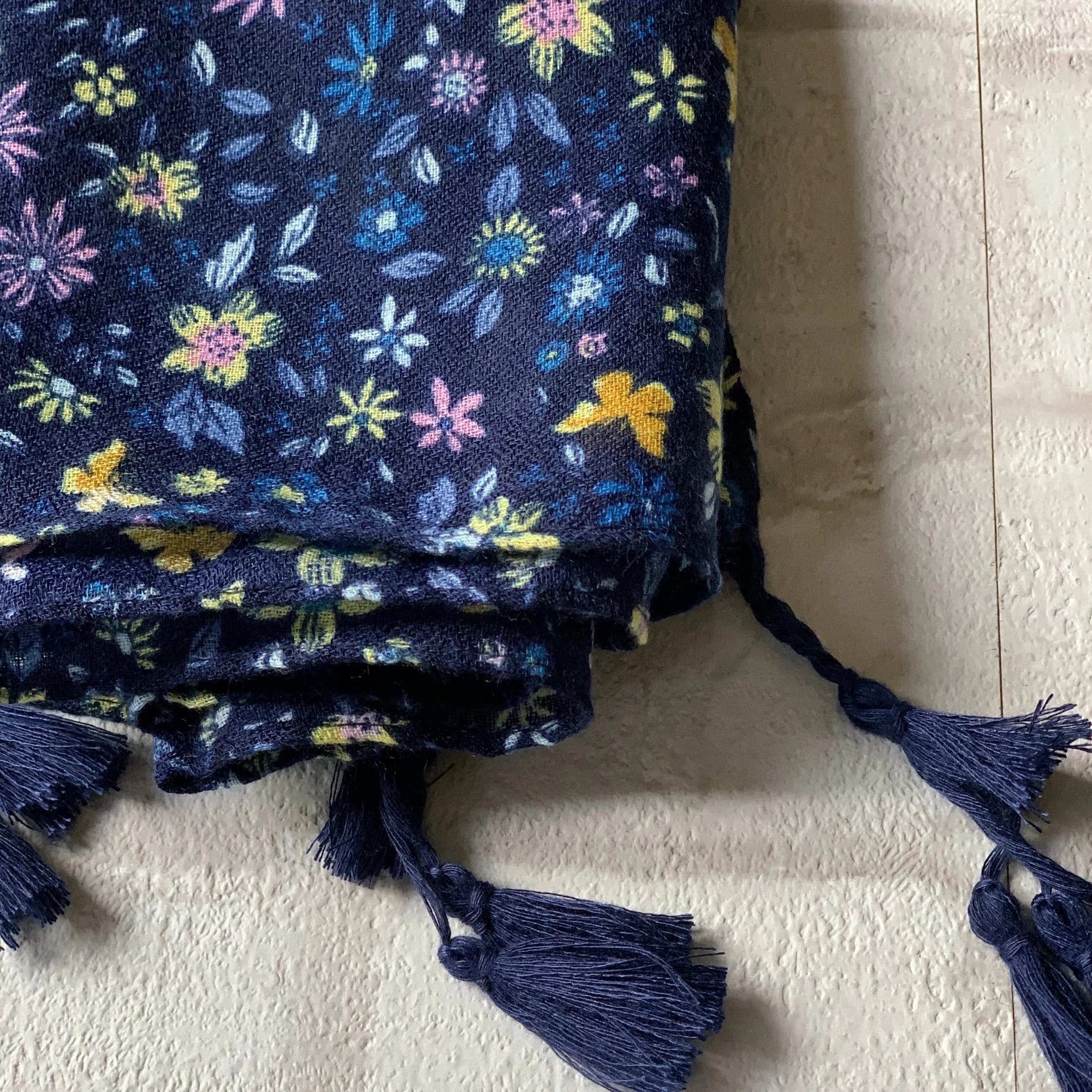 Navy Floral Print Scarf: Cotton Blend Tassel Scarf - Gift Box Option - image 4