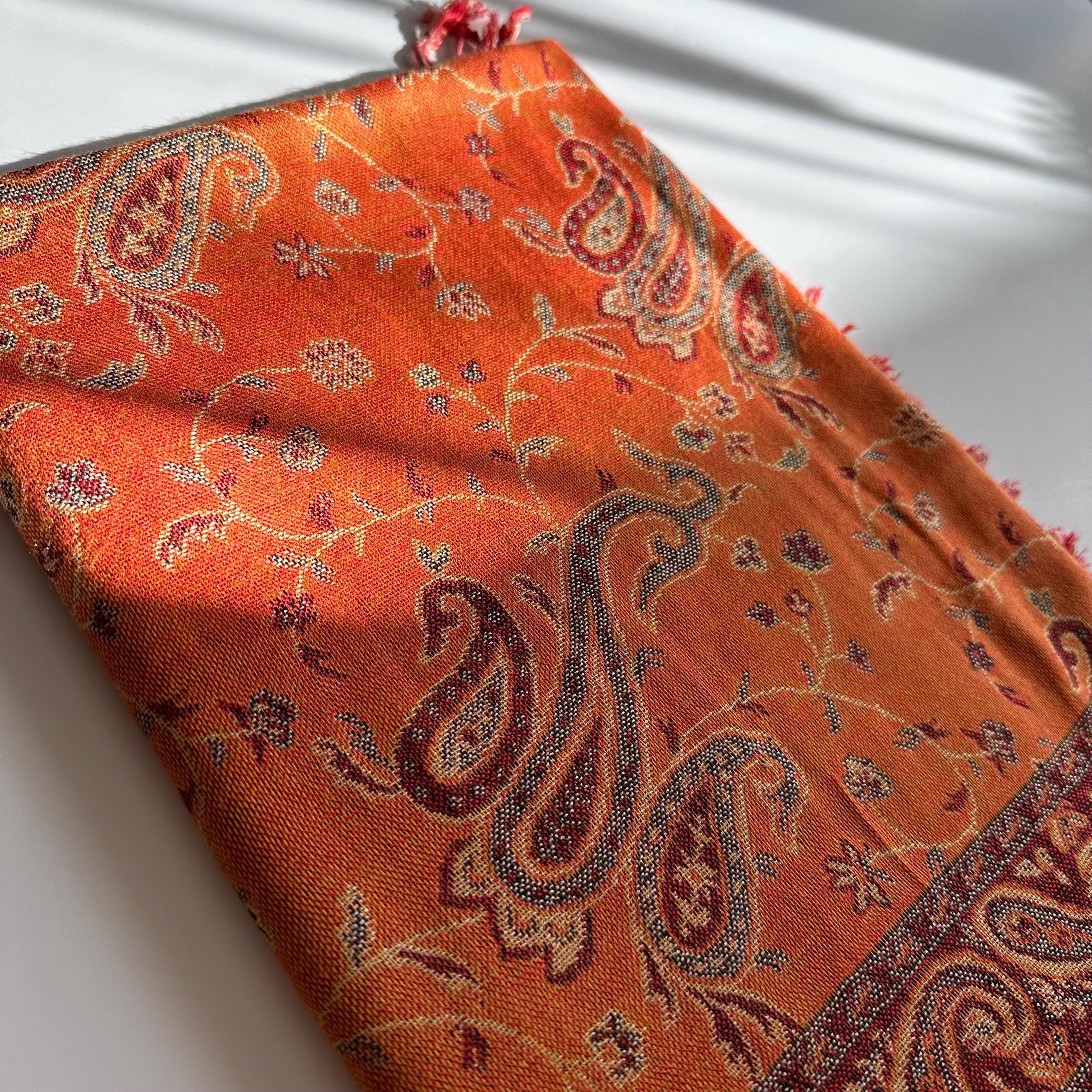 Orange Paisley Pashmina Scarf: Winter Tassel Wrap Birthday Gift for Her Mum Friend - image 4
