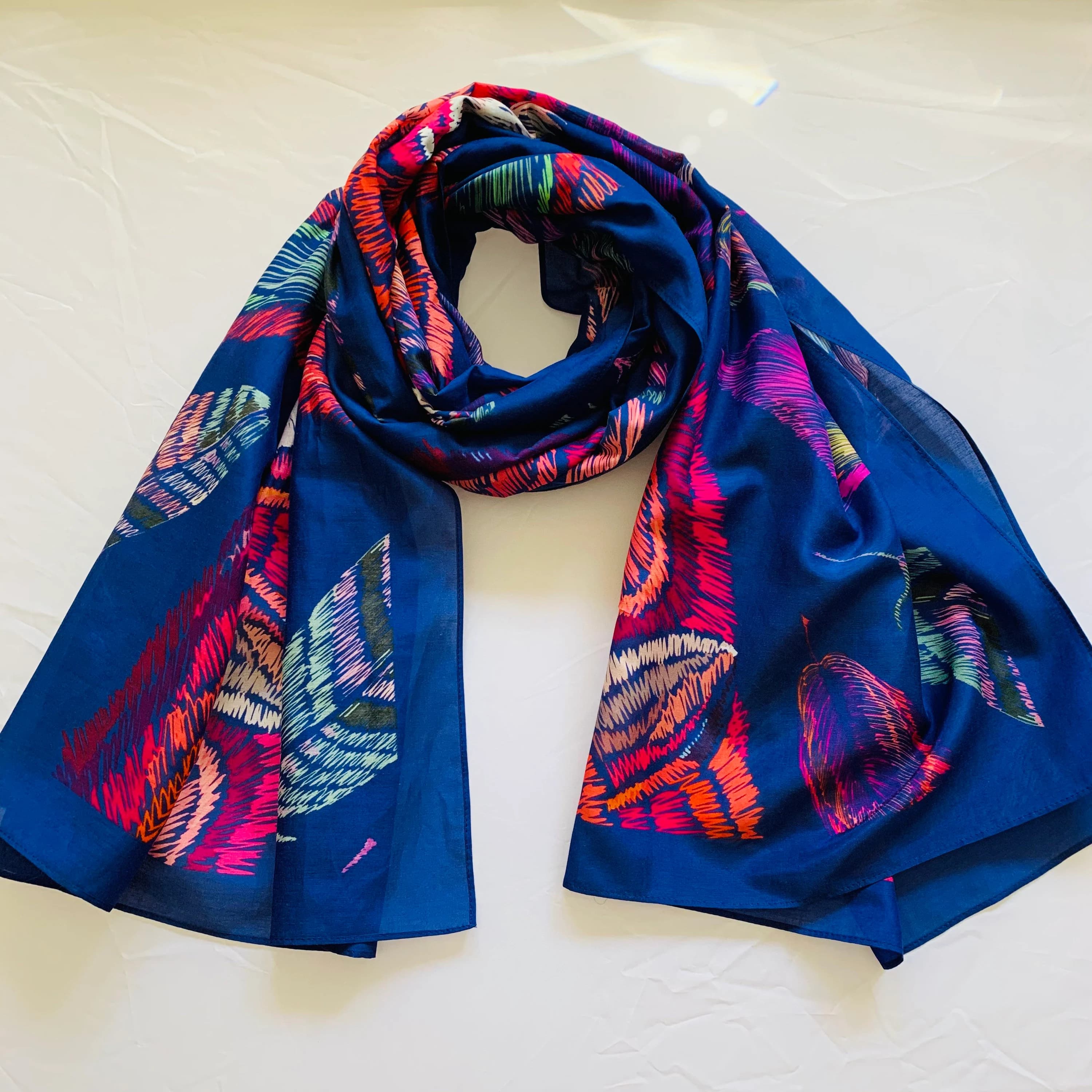 Sleeping Fox Scarf: Blue Cotton Silk Shawl, Lightweight Holiday Accessory - image 3