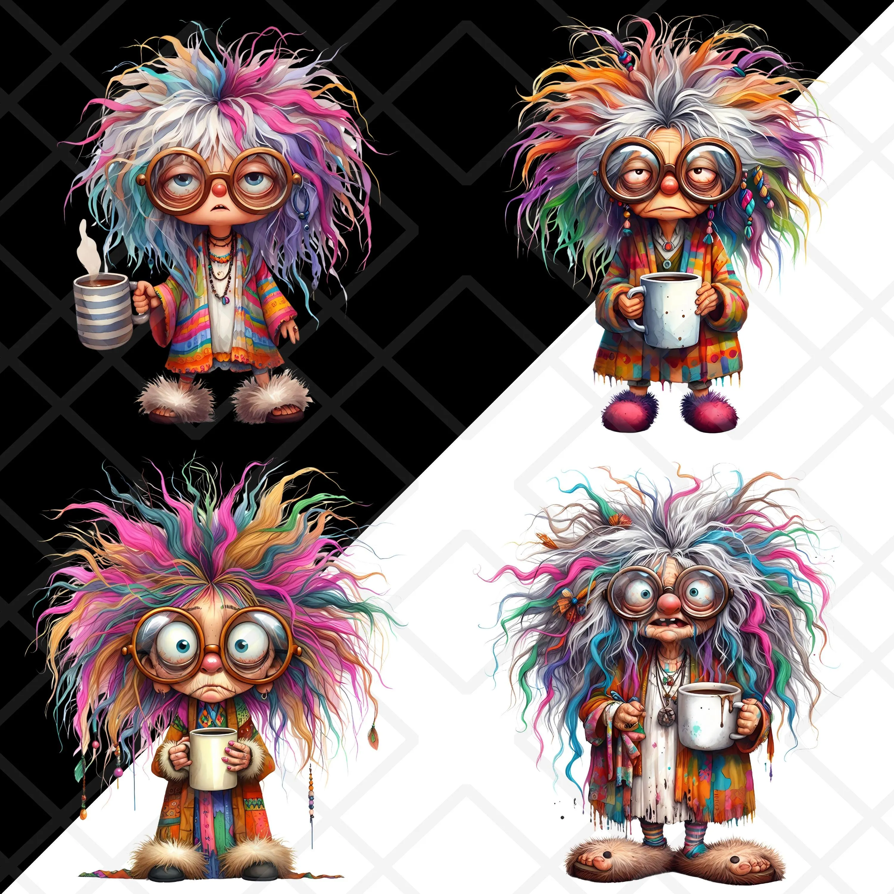 Funny Old Ladies Clipart, Grumpy Old Ladies with Rainbow Hair, Quirky Sleepy Coffee Lover Grandma, Cute Old Lady, Digital Sticker - image 5