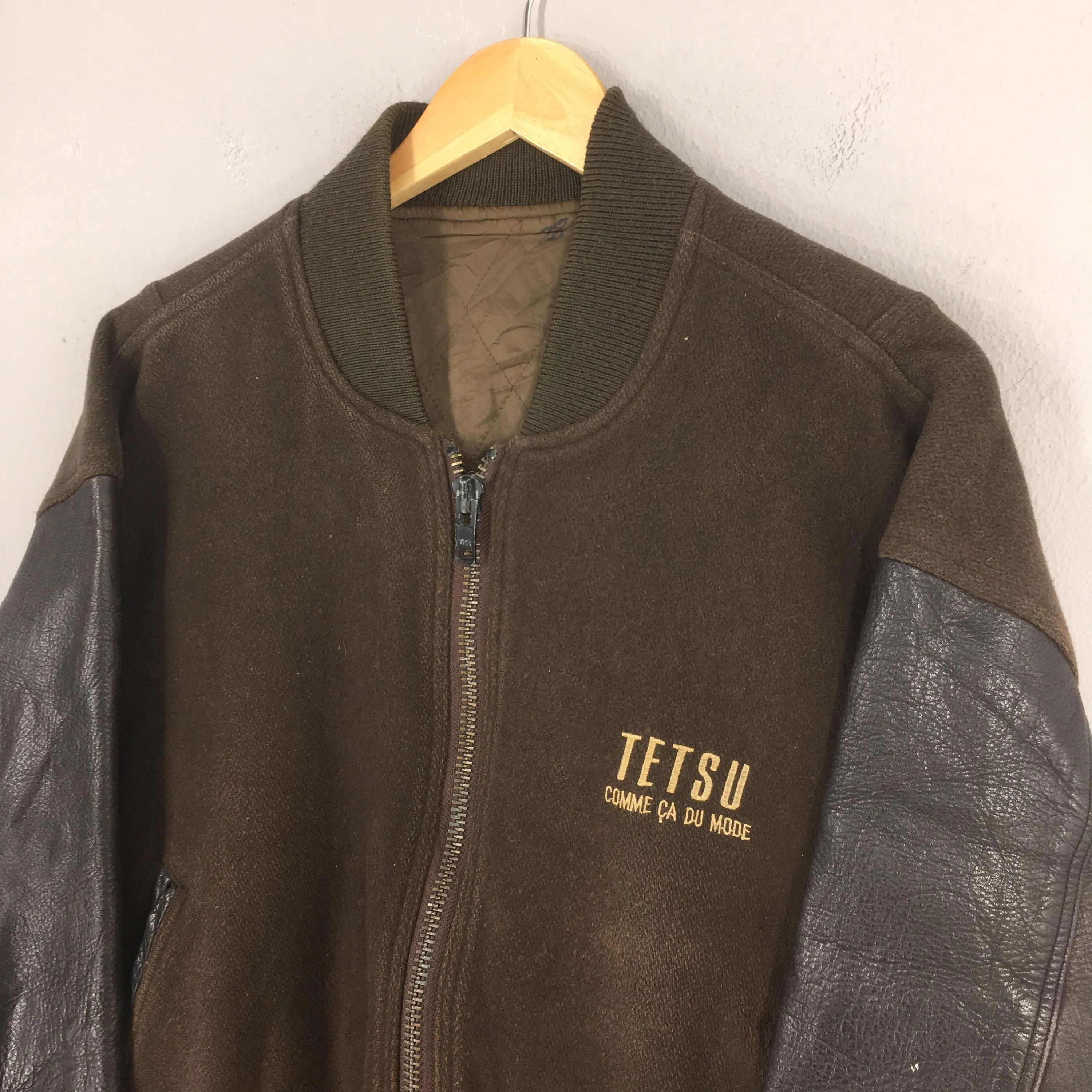 Vintage 80s Tetsu Comme Ca Du Mode Wool Varsity Jacket Large Japanese Bomber Sleeve Leather Coat College Menswear Outerwear Stadium Jacket L - image 5