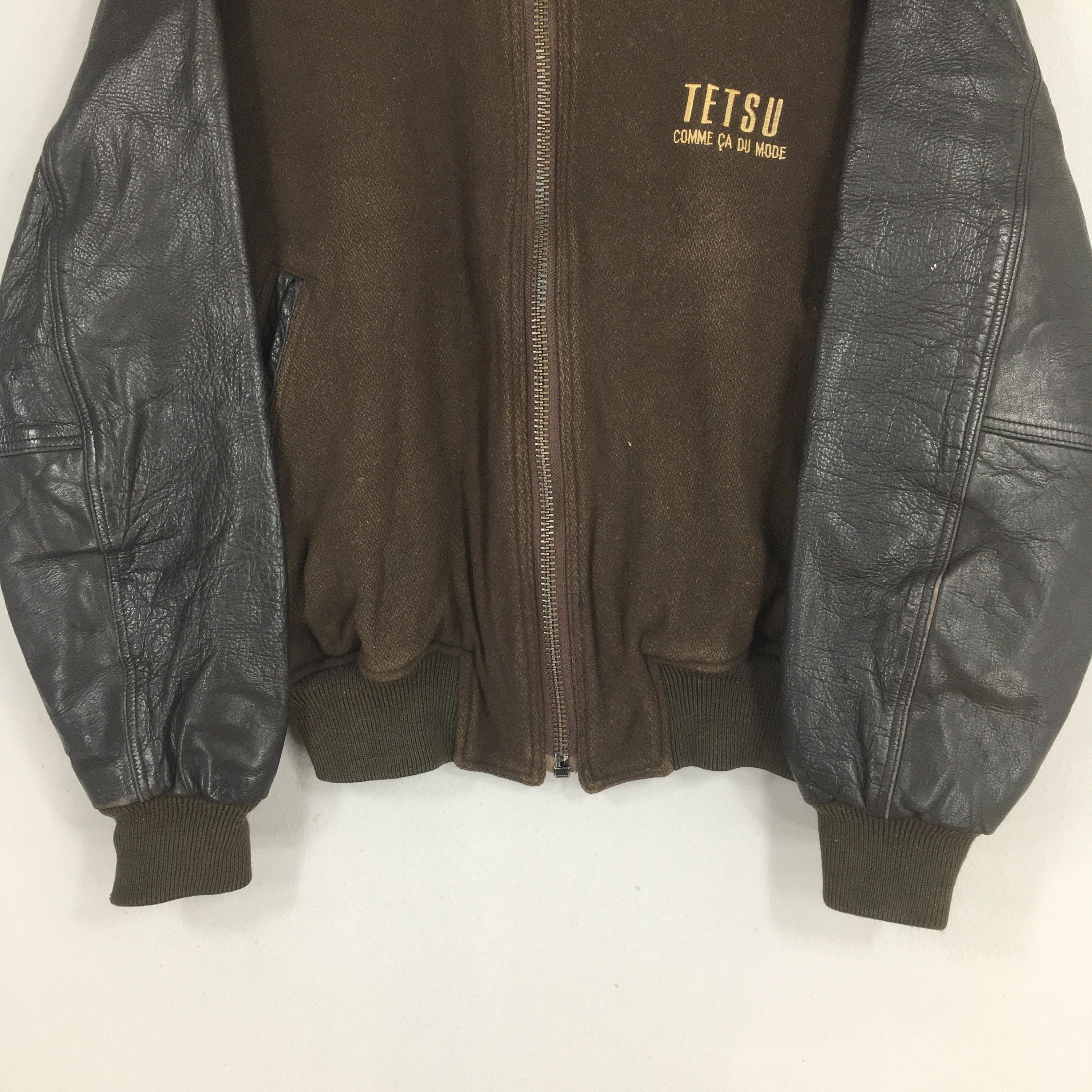 Vintage 80s Tetsu Comme Ca Du Mode Wool Varsity Jacket Large Japanese Bomber Sleeve Leather Coat College Menswear Outerwear Stadium Jacket L - image 4