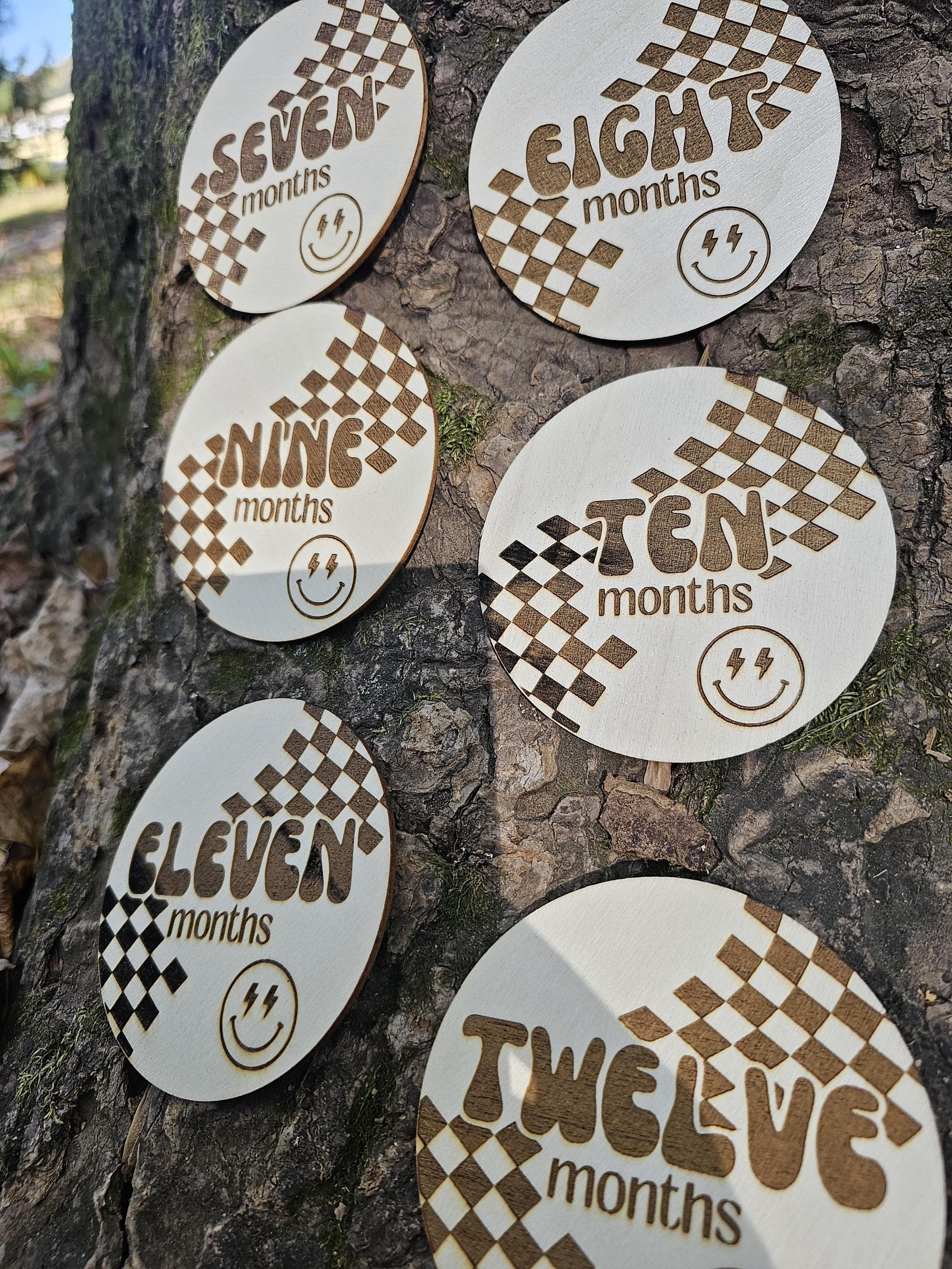 Skater Boy Girl Baby Milestones | One Rad Groovy Engraved Wood Months | Retro Checkered Cute Baby Announcement - image 4