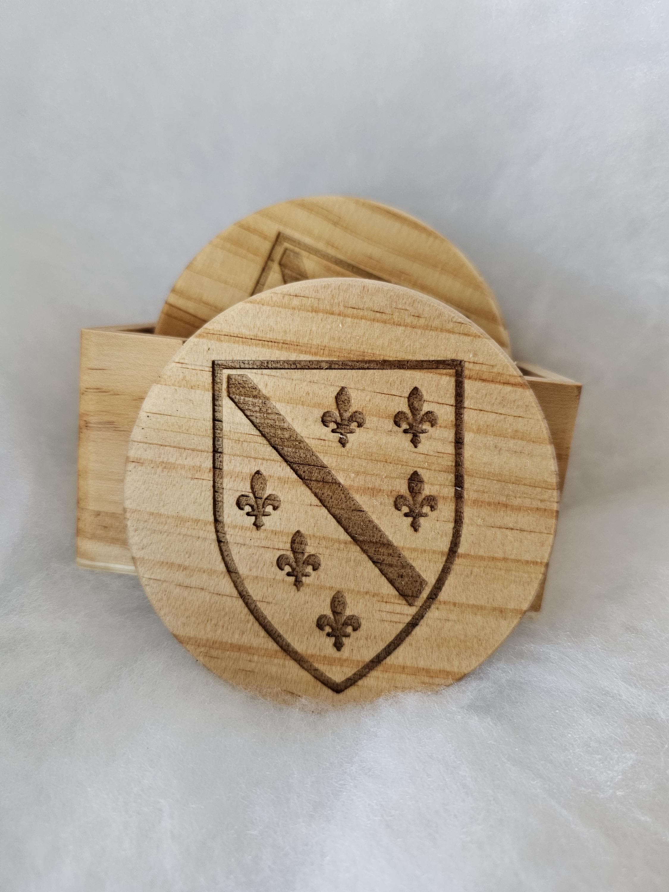 Bosnian Shield Wood Coaster Set | Engraved Fleur de Lis, Personalized Holder - image 3