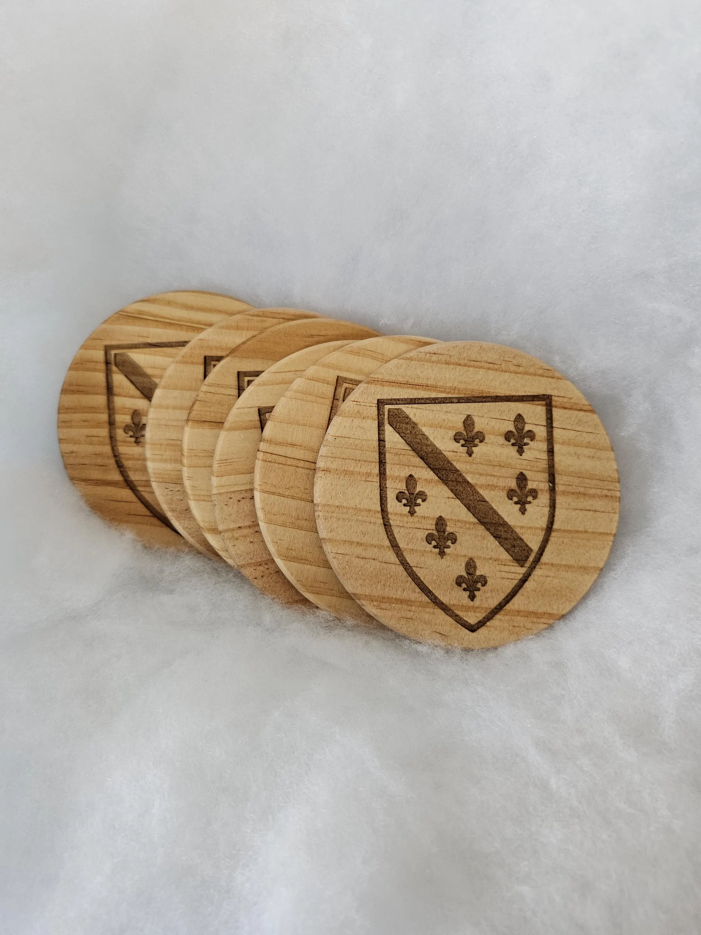 Bosnian Shield Wood Coaster Set | Engraved Fleur de Lis, Personalized Holder - image 4