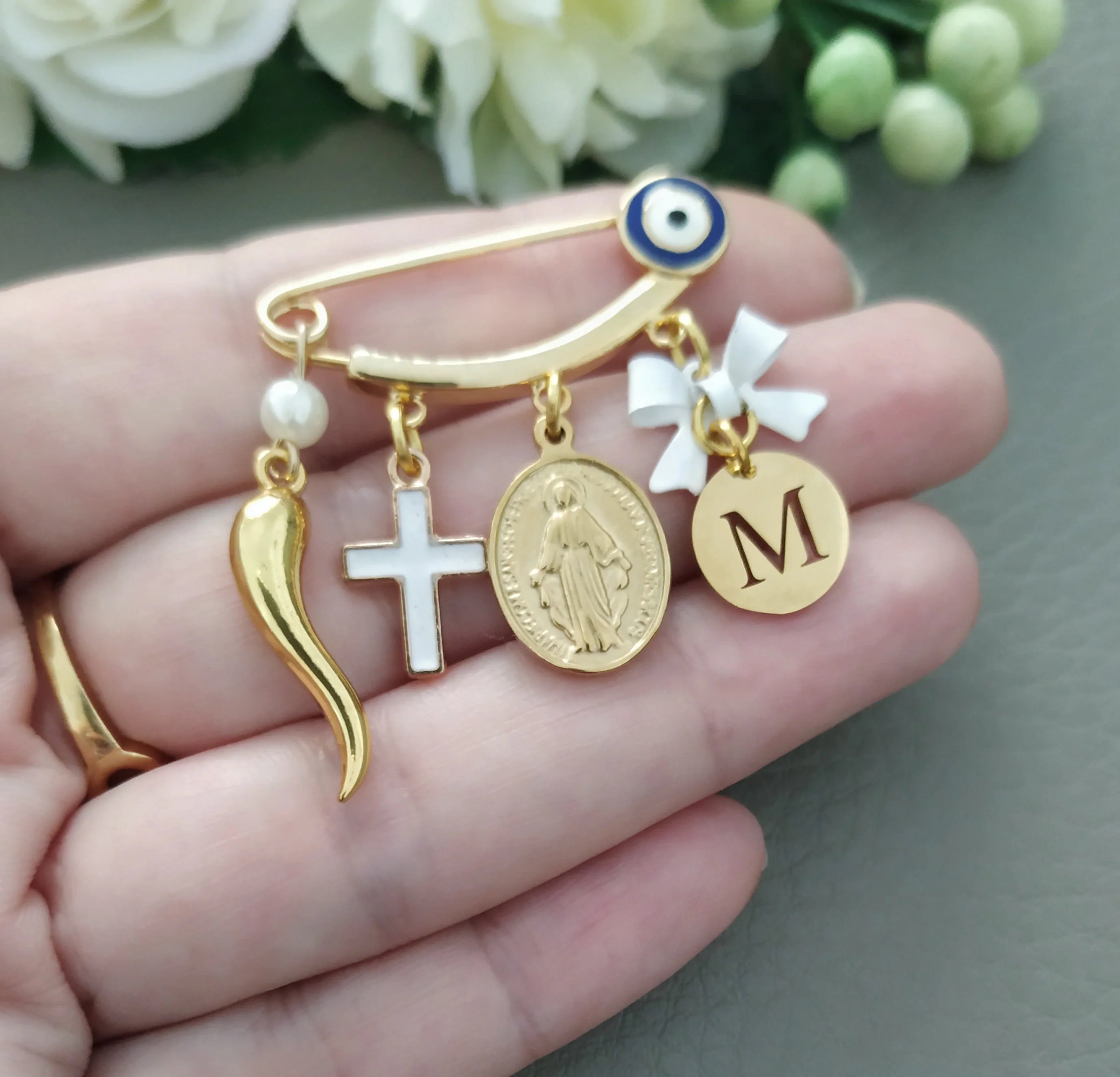 Personalized Baby Pin, Gold Italian Horn Safety Pin, Virgin Mary Cross Baby Pin, Stroller Charm Gender Neutral, Italian Horn Cornicello - image 4