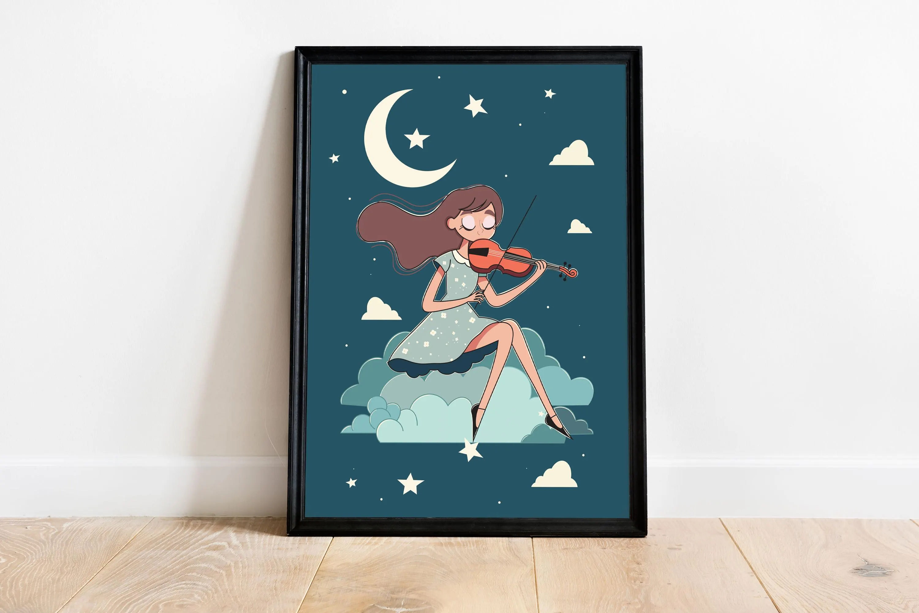 Moonlight Melody – Whimsical Violin Girl Illustration Wall Art - Tintzy