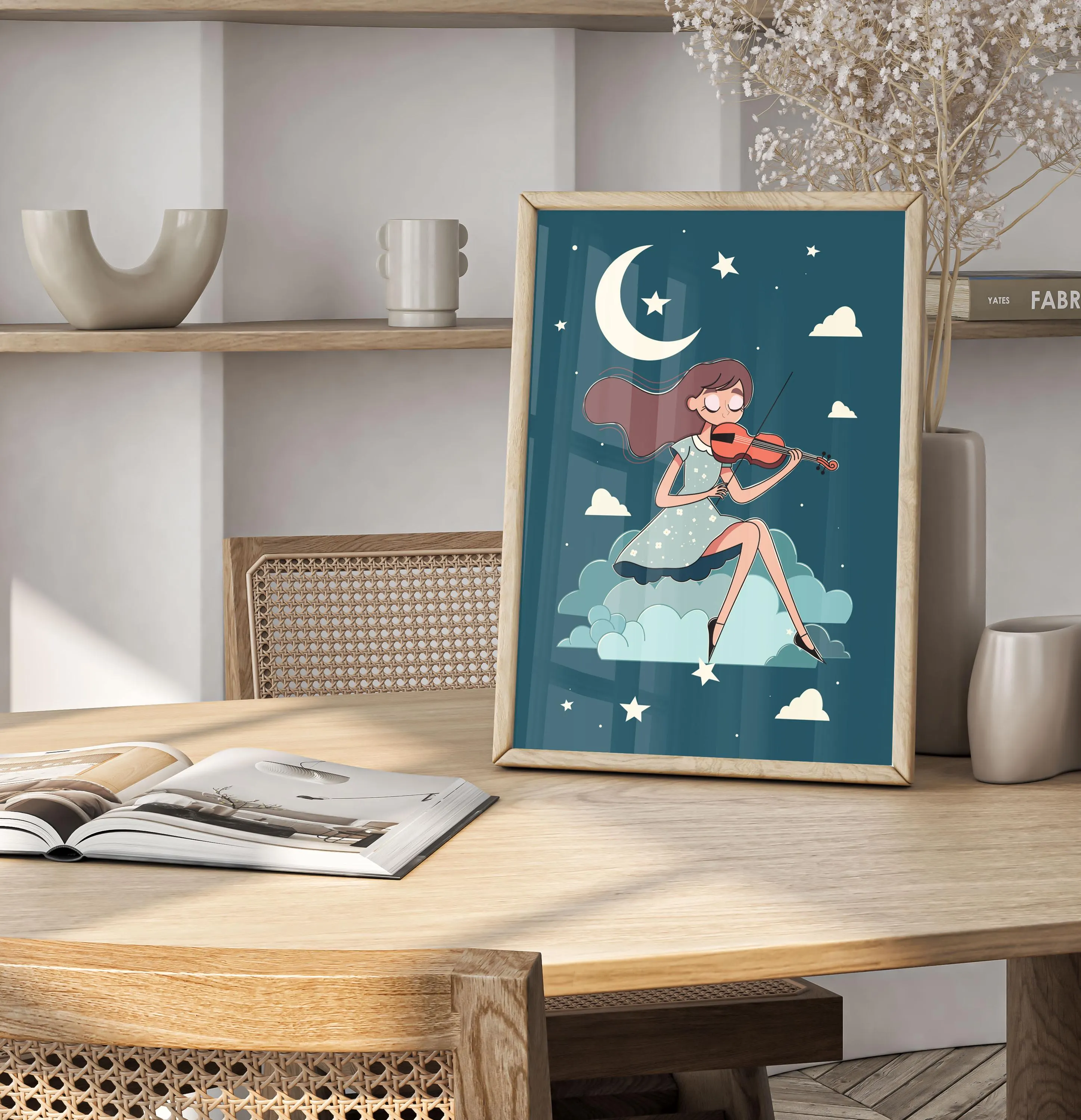 Moonlight Melody – Whimsical Violin Girl Illustration Wall Art - Tintzy - image 4