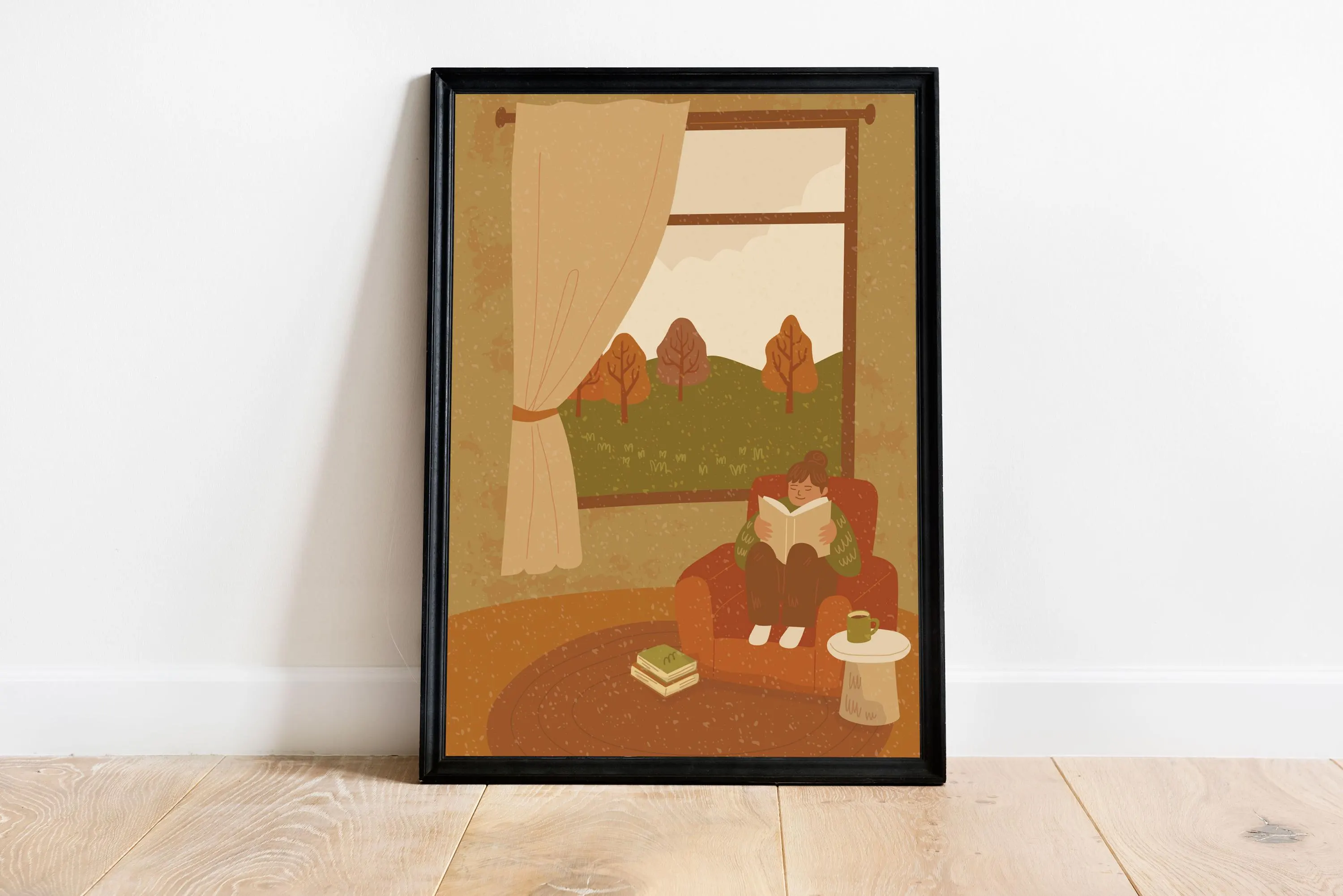 Cozy Reading Nook Wall Art Poster – Autumn Home Illustration Print - Book Lover Gifts - Tintzy