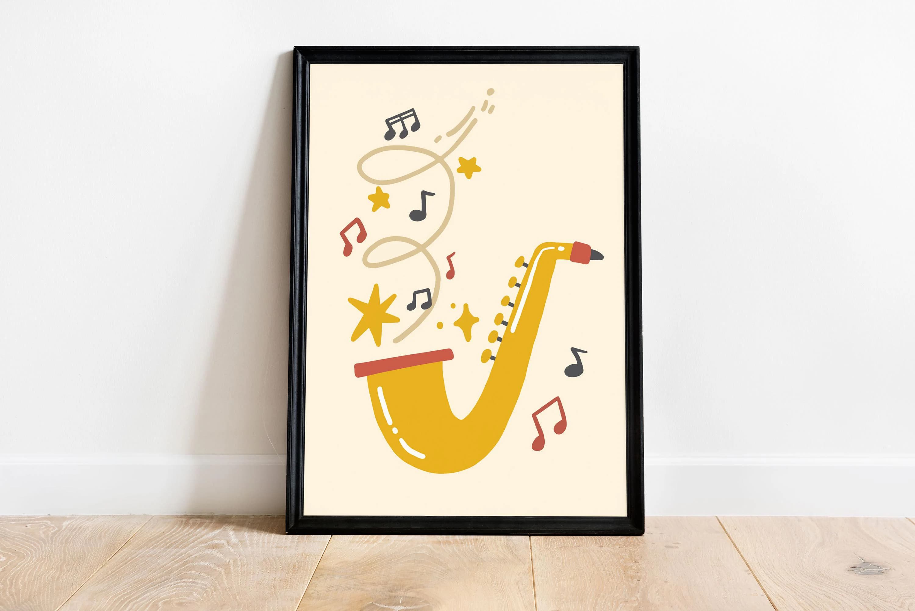 Playful Saxophone Wall Art – Joyful Music Illustration Print - Tintzy